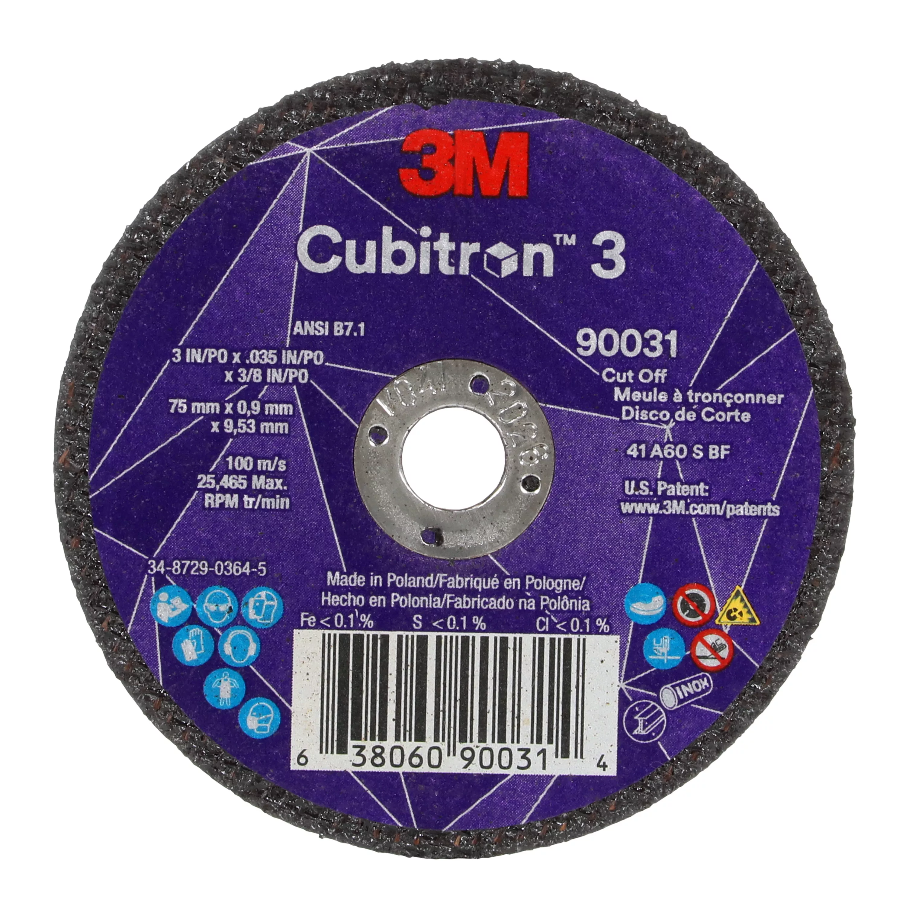 3M™ Cubitron™ 3 Cut-Off Wheel, 90031, 60+, T1, 3 in x 0.035 in x 3/8 in
(75 x 0.9 x 9.53 mm), ANSI, 25/Pack, 50 ea/Case