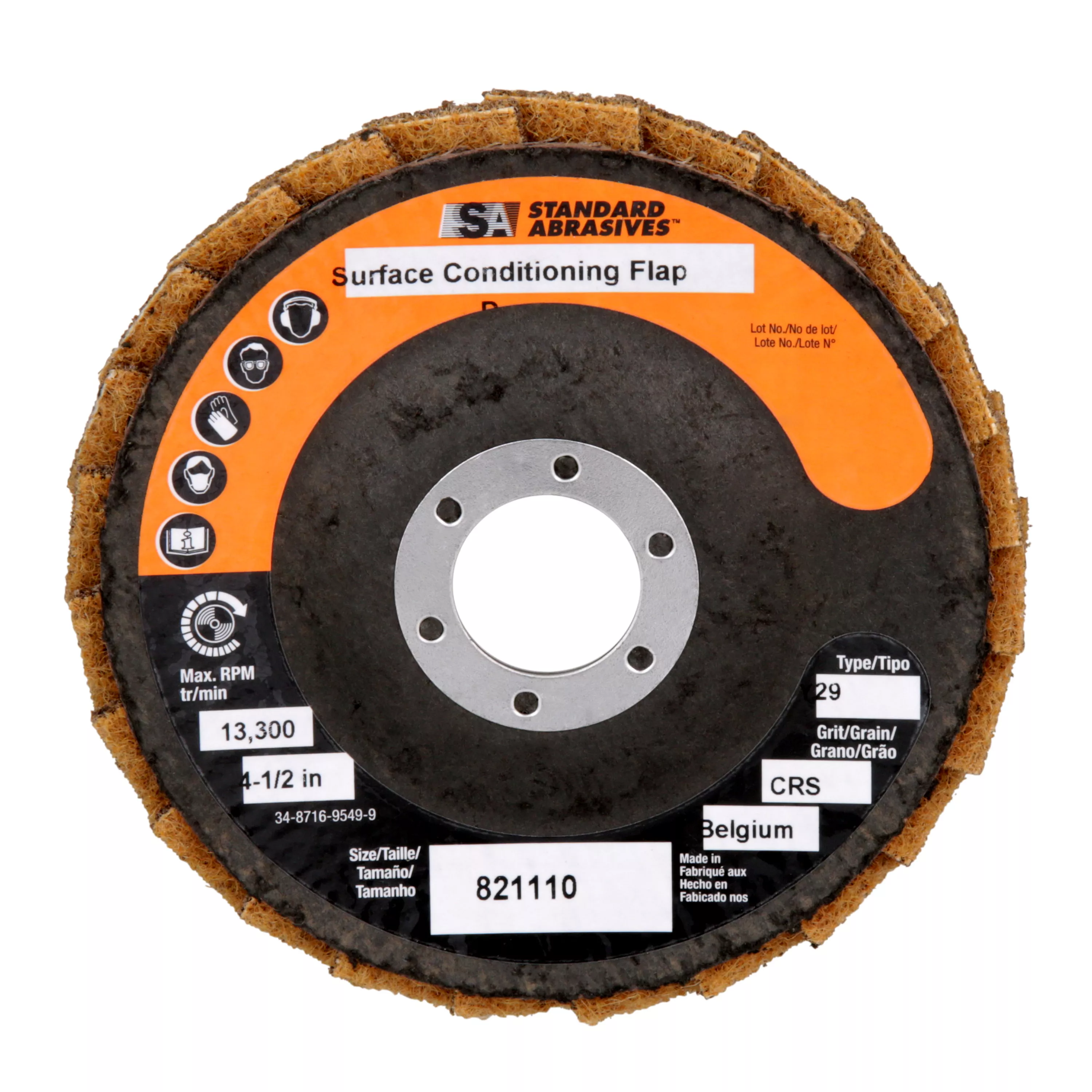 Standard Abrasives™ Surface Conditioning Flap Disc, 821110, 4-1/2 in x
7/8 in CRS, 5/Carton, 50 ea/Case