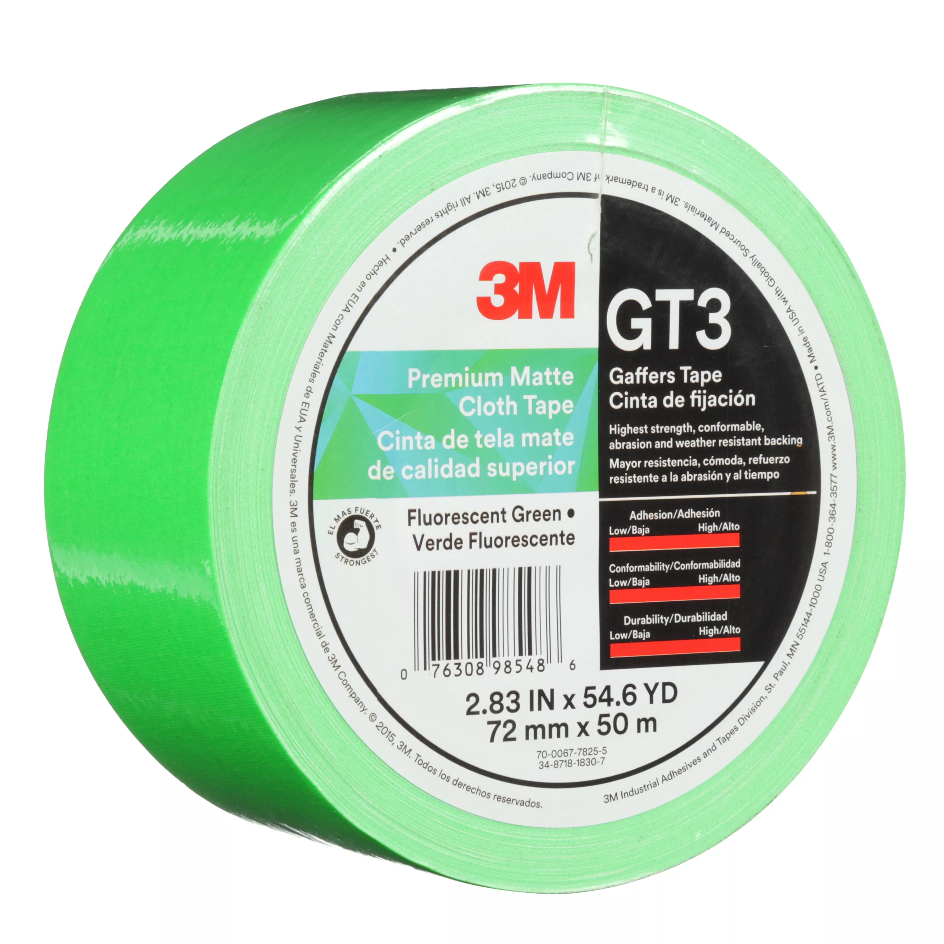 3M™ Premium Matte Cloth (Gaffers) Tape GT3, Fluorescent Green, 72 mm x
50 m, 11 mil, 16/Case