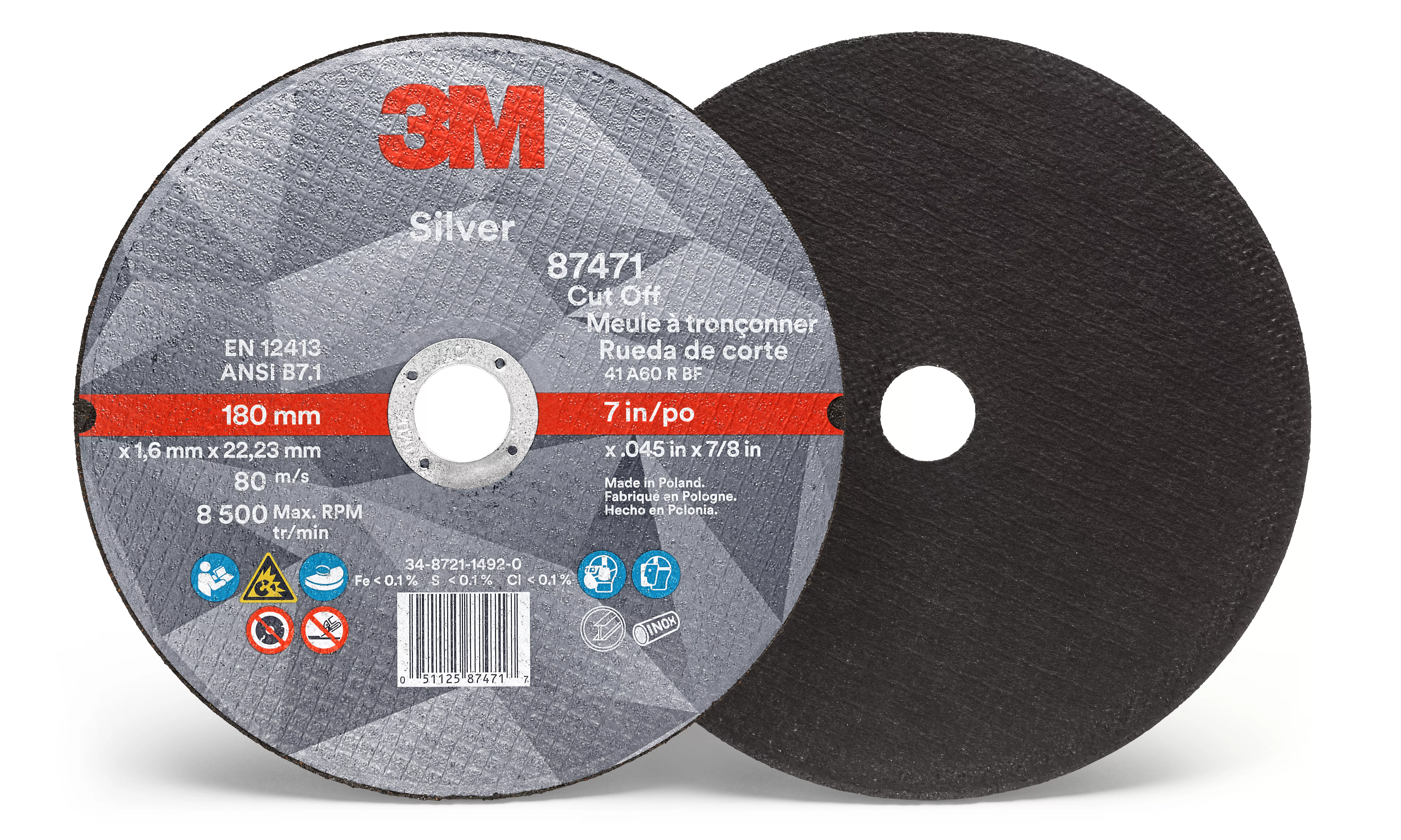 3M™ Silver Cut-Off Wheel, 87471, T1, 7 in x .045 in x 7/8 in, 25/Carton,
50 ea/Case