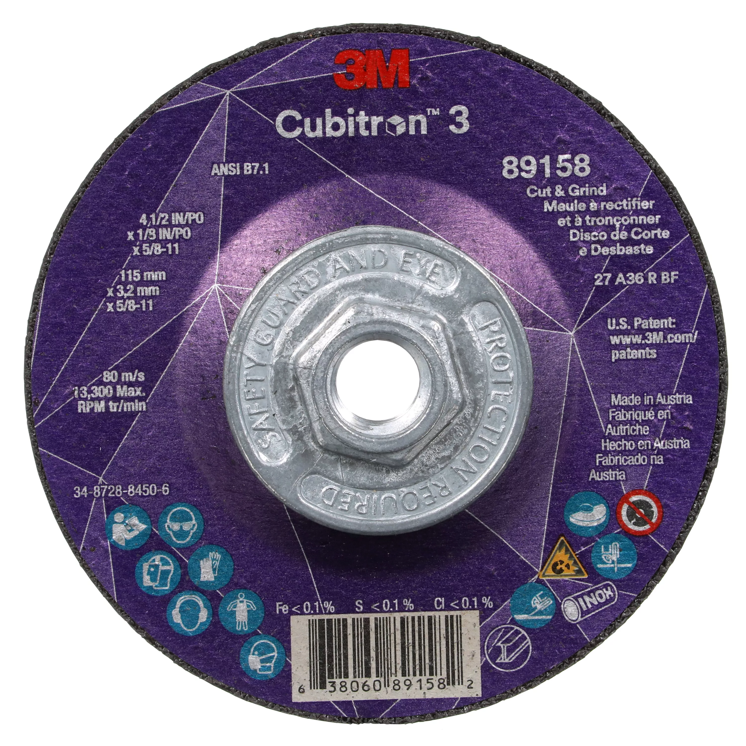 3M™ Cubitron™ 3 Cut and Grind Wheel, 89158, 36+, T27, 4-1/2 in x 1/8 in
x 5/8 in-11 (115 x 3.2 mm x 5/8-11 in), ANSI, 10 ea/Case