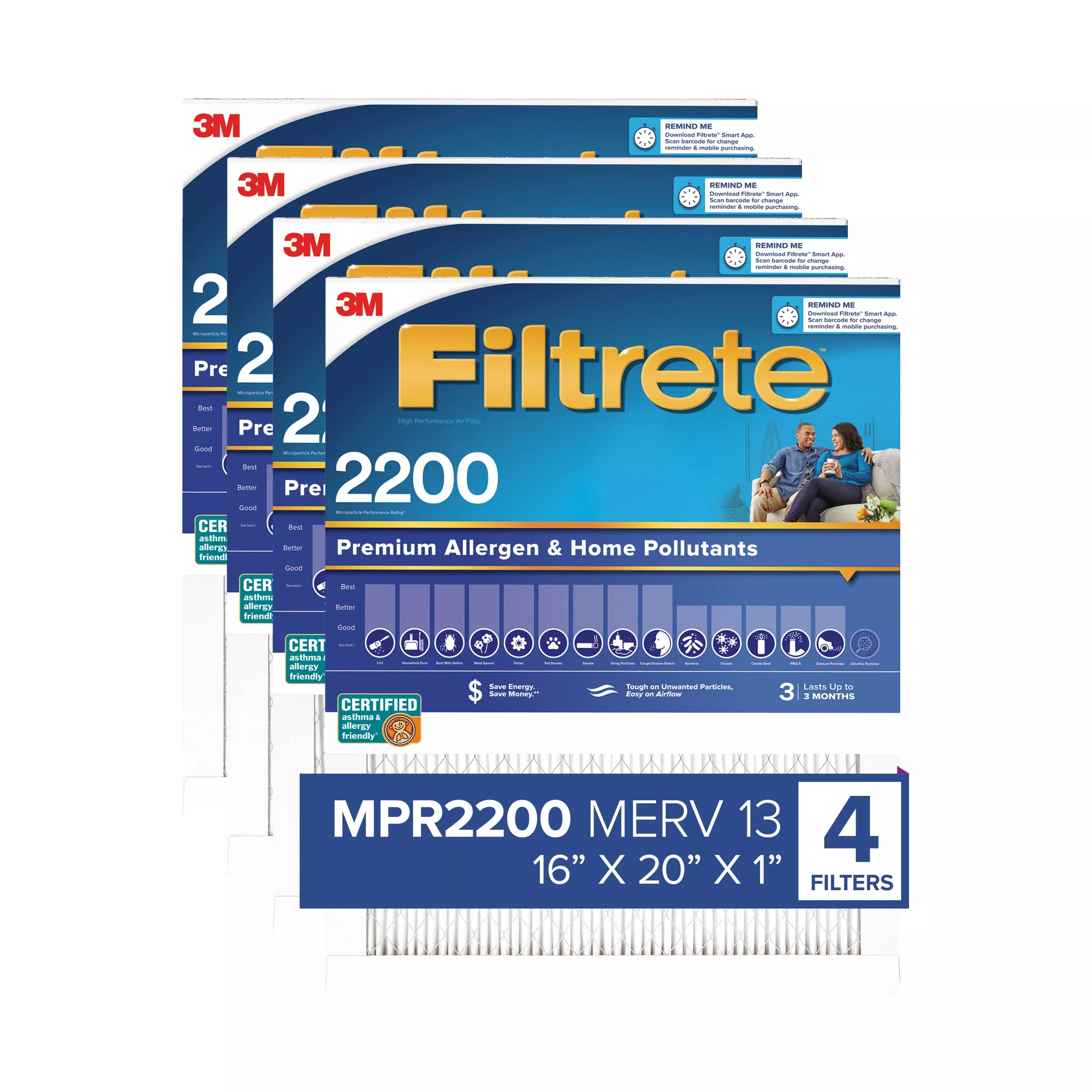 Filtrete™ High Performance Air Filter 2200 MPR EA00-4, 16 in x 20 in x 1 in (40.6 cm x 50.8 cm x 2.5 cm)