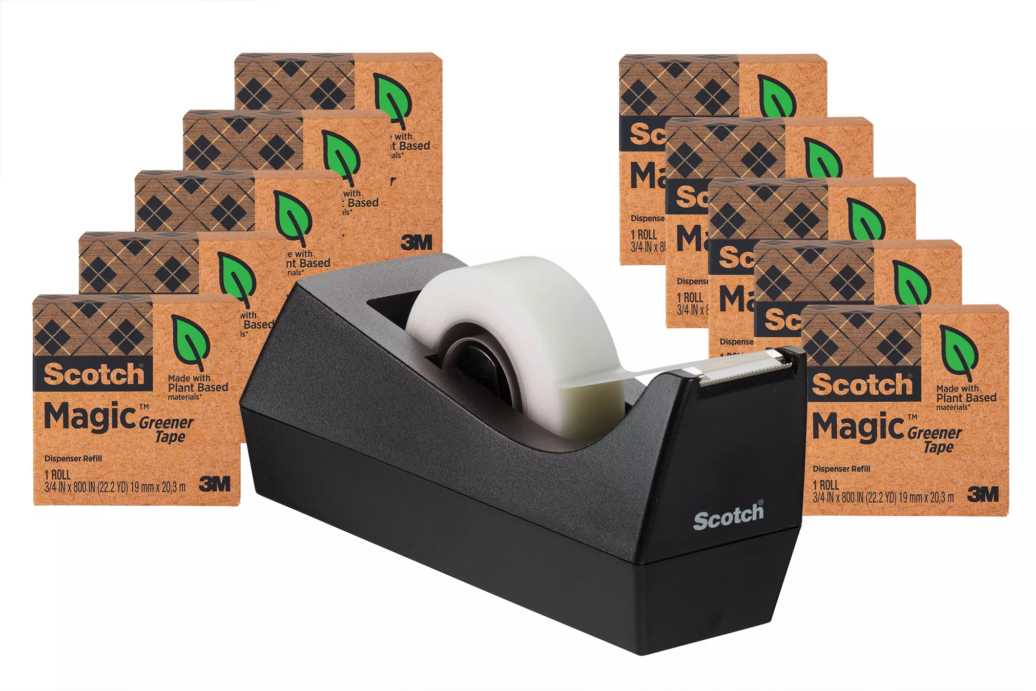 Scotch® Magic™ Greener Tape with Dispenser 812-10P-C38, 3/4 in x 900 in
(19 mm x 22,8 m), 10-Pack with Tape Dispenser