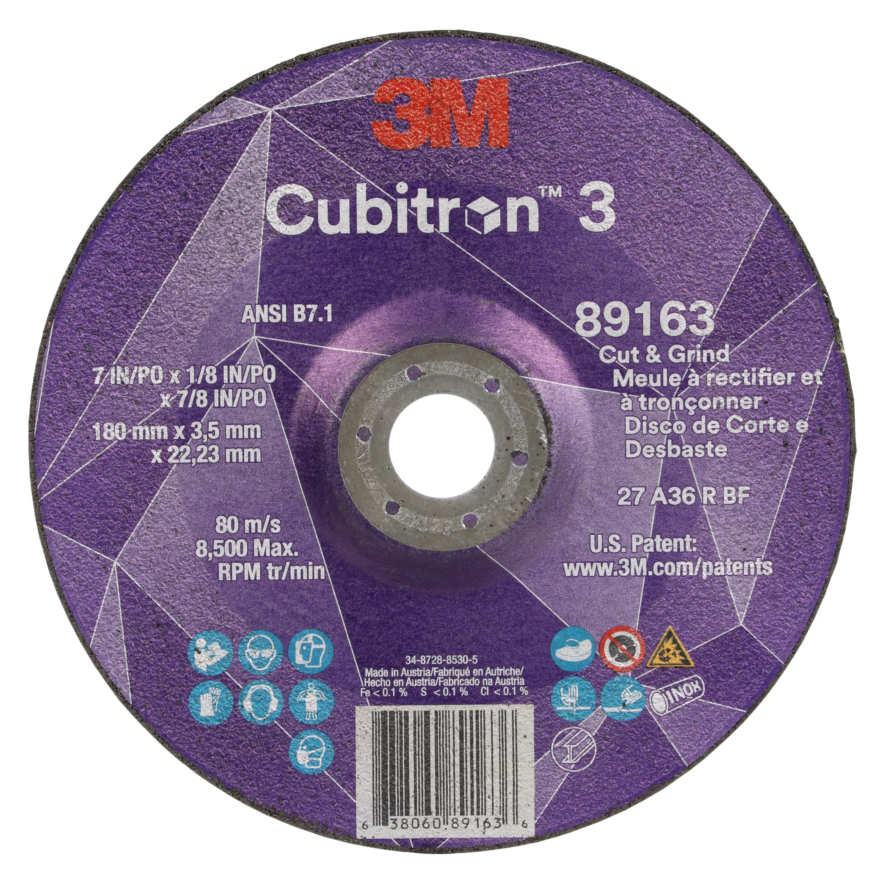 3M™ Cubitron™ 3 Cut and Grind Wheel, 89163, 36+, T27, 7 in x 1/8 in x
7/8 in (180 x 3.2 x 22.23 mm), ANSI, 10/Pack, 20 ea/Case