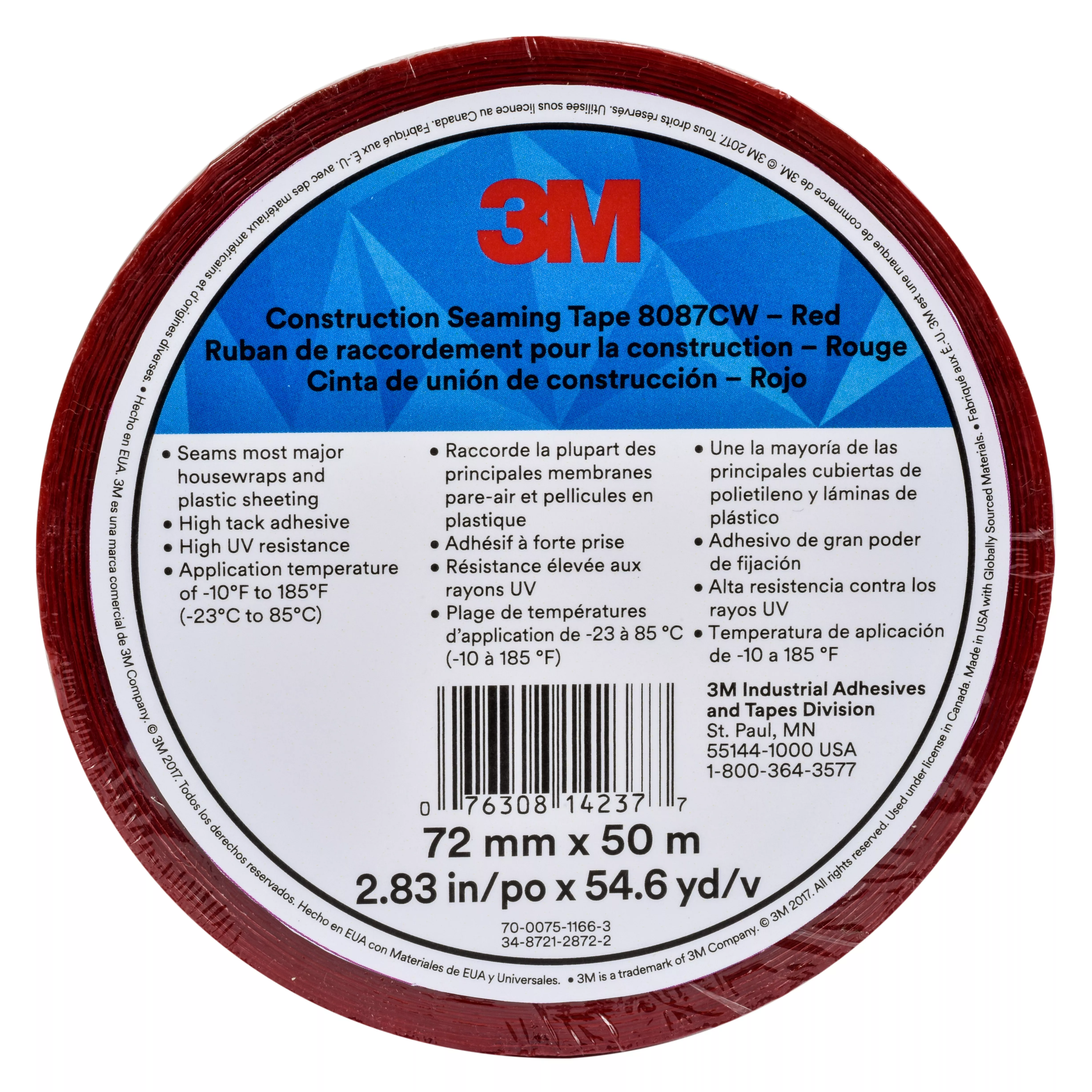 3M™ Construction Seaming Tape 8087CW, Red, 99 mm x 50 m, 12 Roll/Case