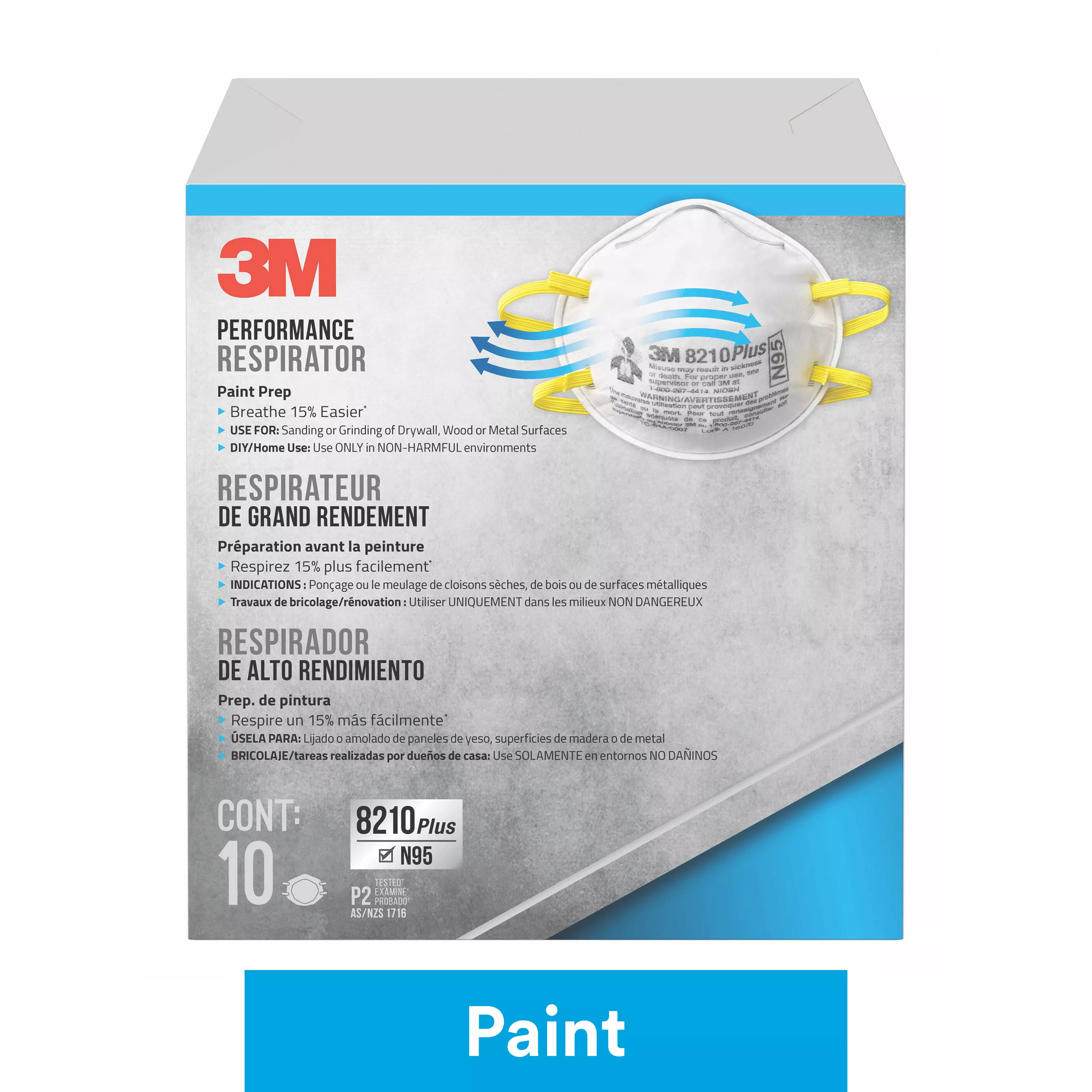 3M™ Performance Disposable Paint Prep Respirator N95 Particulate,
8210PP10-C, 10 eaches/pack, 8 packs/case