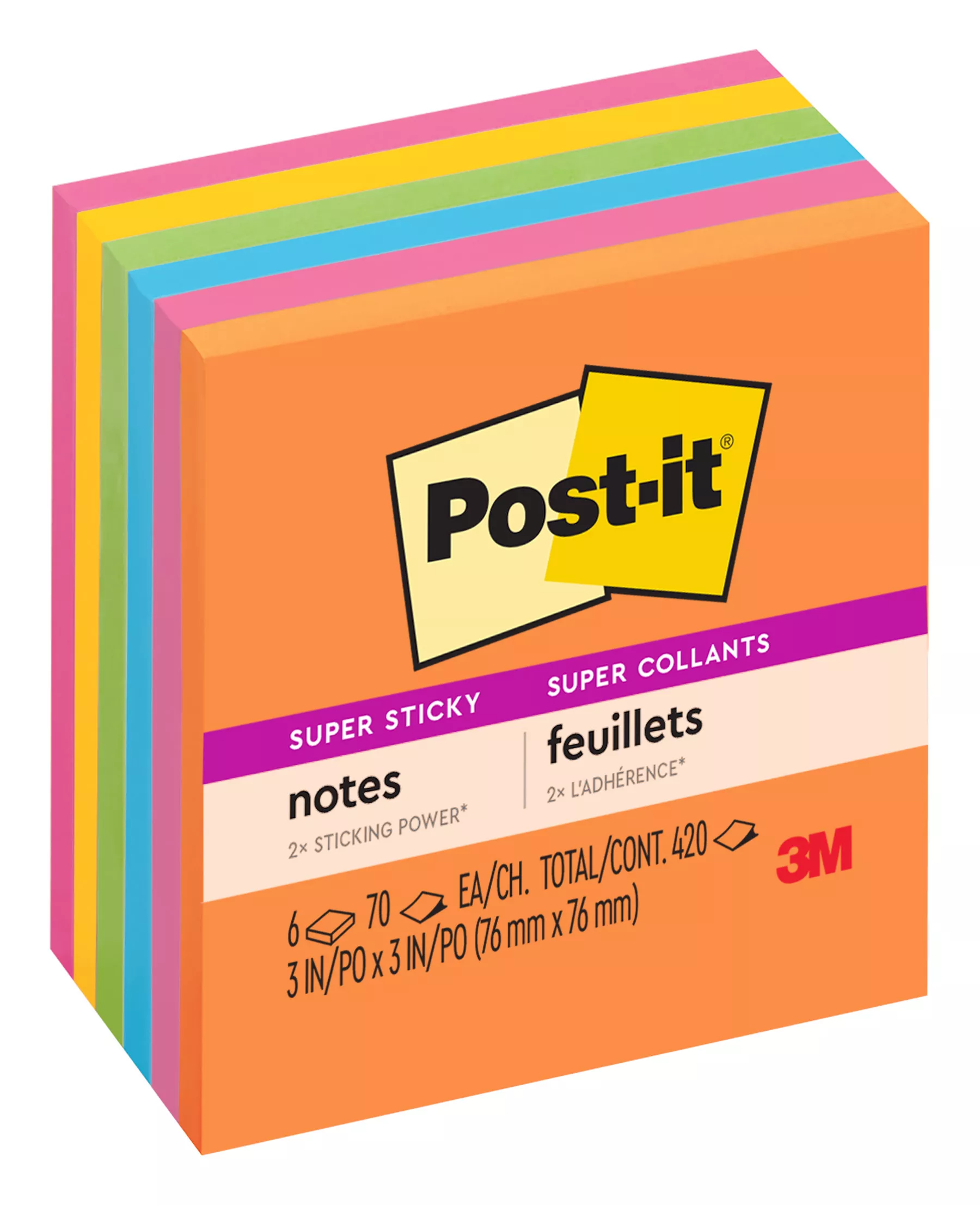 Post-it® Super Sticky Notes 654-6SSAU, 3 in x 3 in (76 mm x 76 mm), 6 pads, 65 sheets/pad, Energy Boost Collection