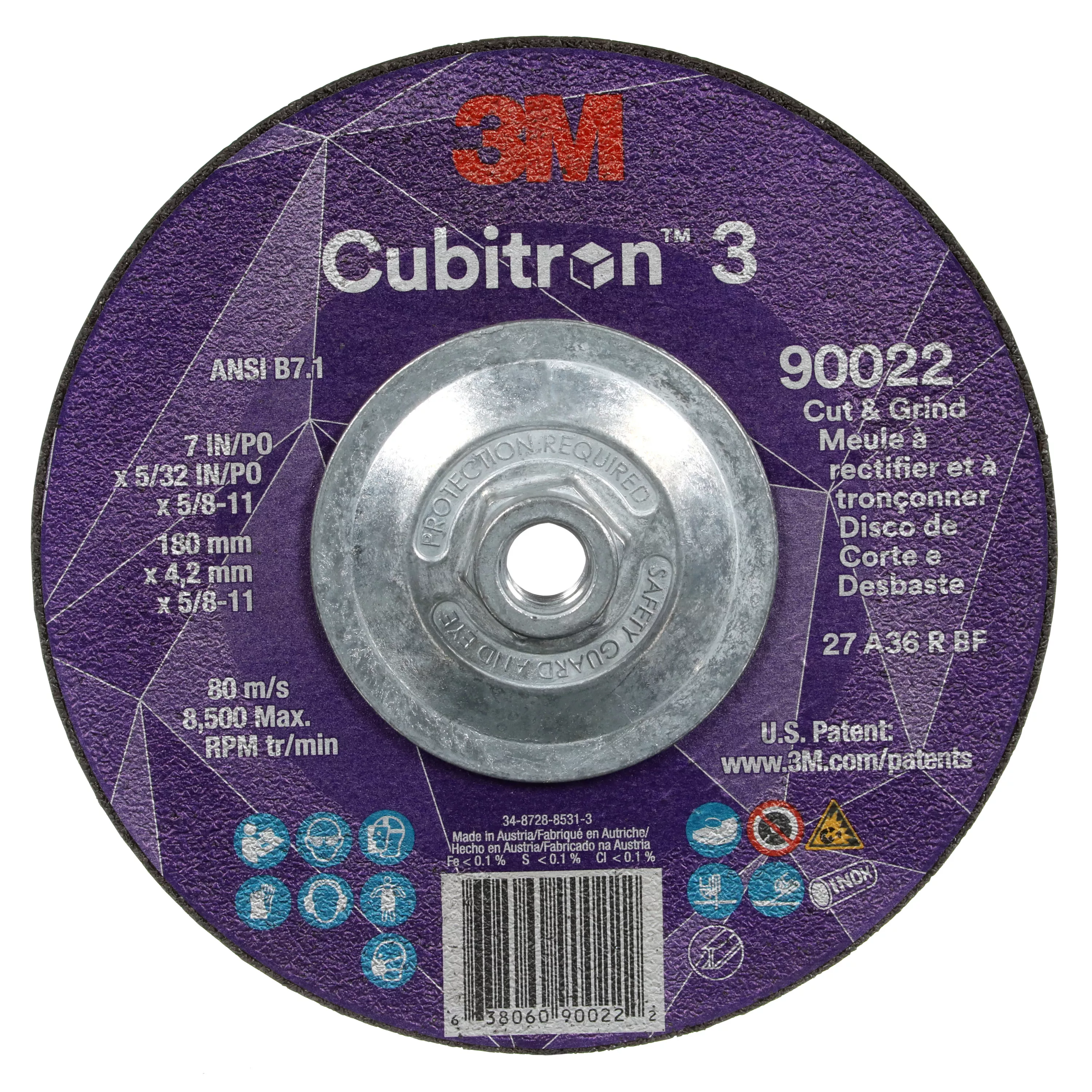 3M™ Cubitron™ 3 Cut and Grind Wheel, 90022, 36+, T27, 7 in x 5/32 in x
5/8 in-11 (180 x 4.2 mm x 5/8-11 in), ANSI, 10 ea/Case