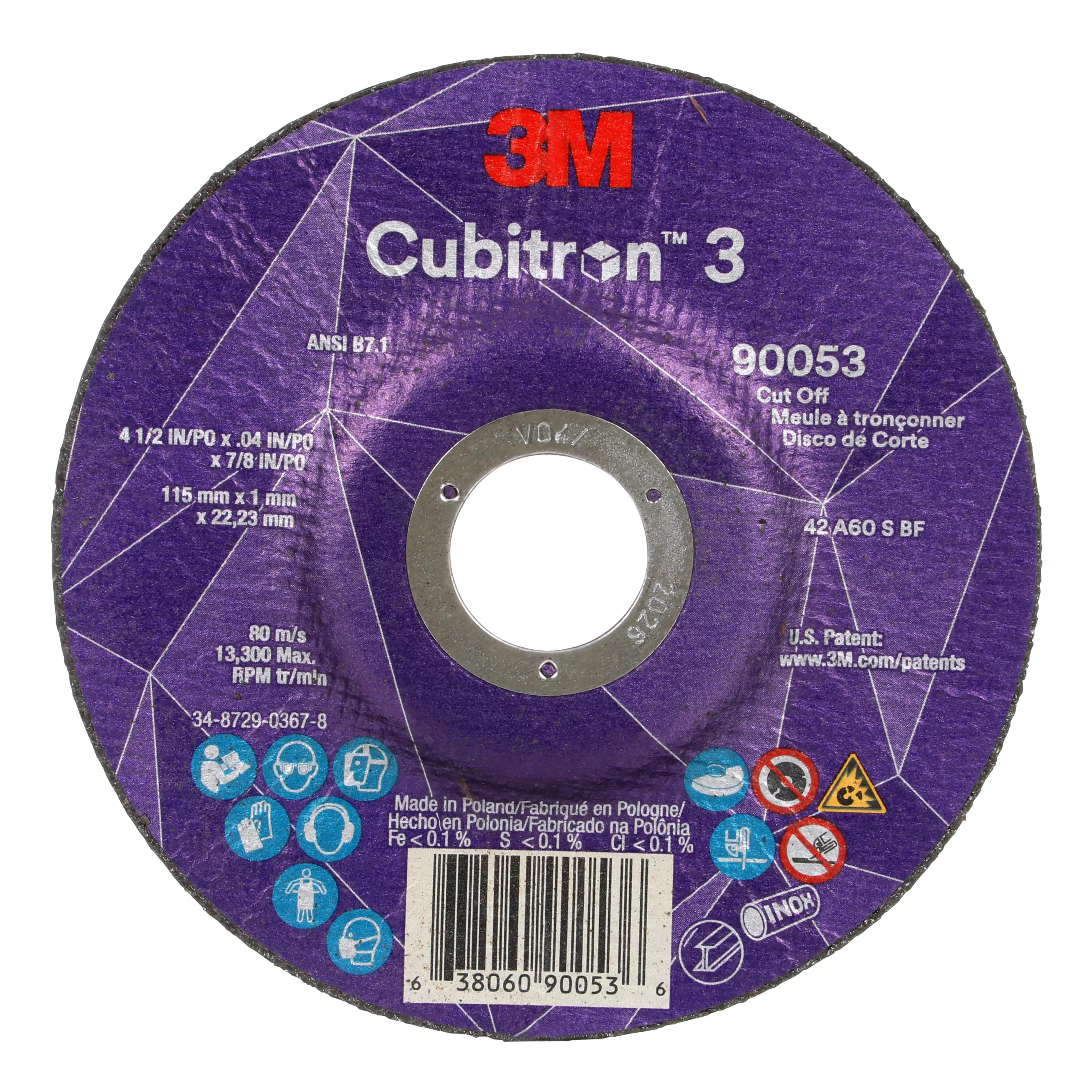 3M™ Cubitron™ 3 Cut-Off Wheel, 90053, 60+, T27, 4-1/2 in x 0.04 in x 7/8
in (115 x 1 x 22.23 mm), ANSI, 25/Pack, 50 ea/Case
