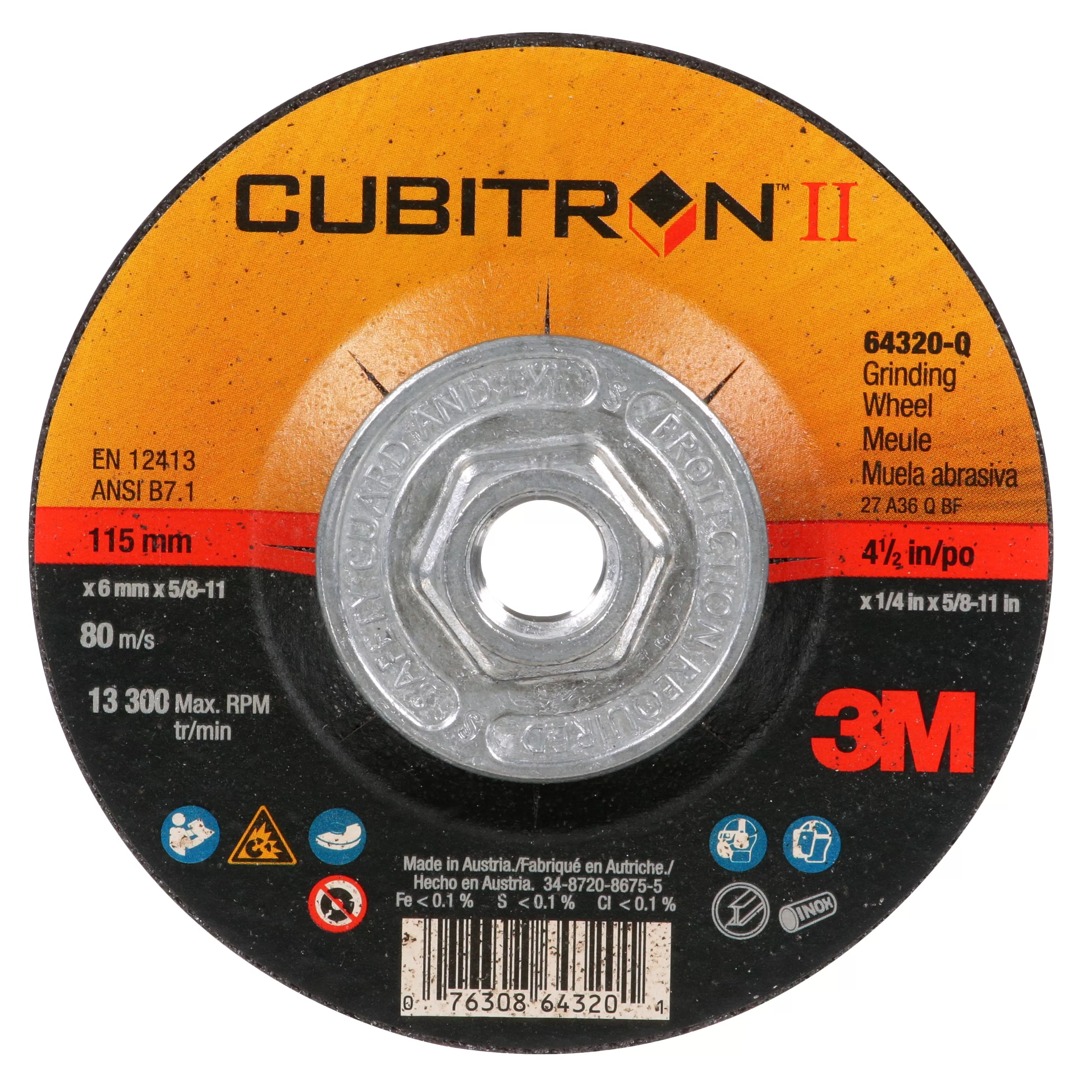 3M™ Cubitron™ II Depressed Center Grinding Wheel, 64320, Quick Change,
T27, 4-1/2 in x 1/4 in x 5/8