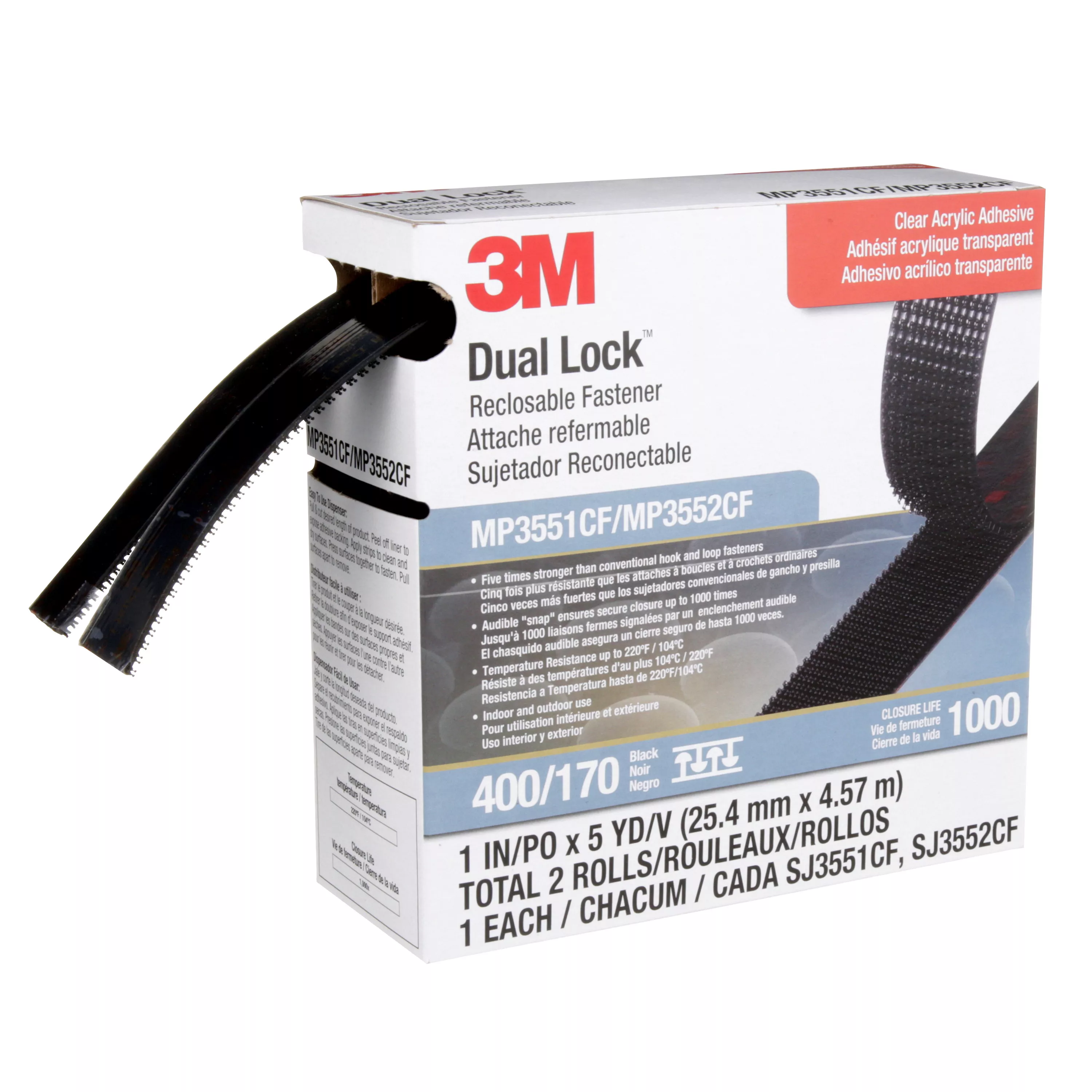 3M™ Dual Lock™ Reclosable Fastener MP3551CF/MP3552CF, Black, 1 in x 5 yd, Type 400/170, 5 Packs/Case