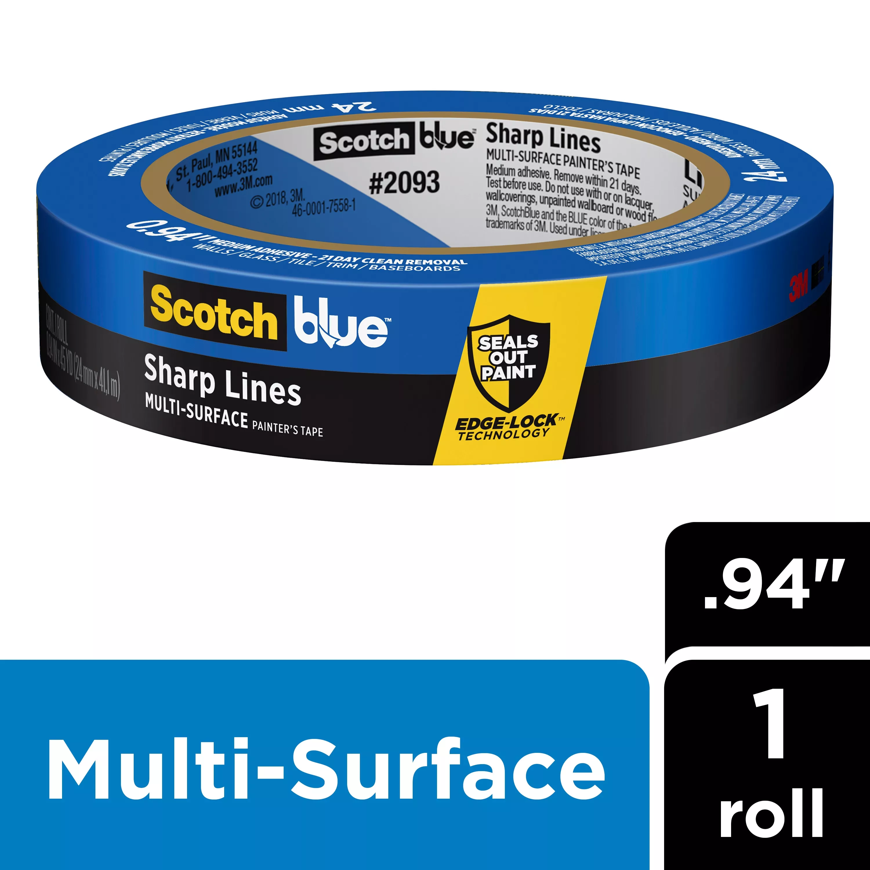 ScotchBlue™ Sharp Lines Painter’s Tape 2093-24NC, 0.94 in x 60 yd (24mm
x 54,8m)