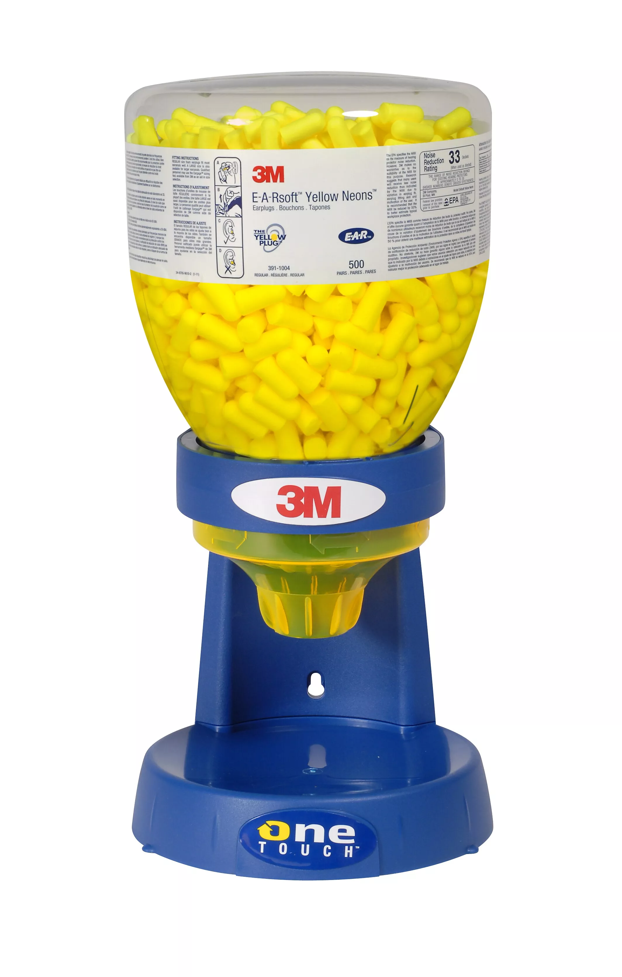 3M™ E-A-Rsoft™ Yellow Neons™ Earplugs 391-1005, Uncorded, in One Touch™ Dispenser Refill Bottle, Large Size, 1600 Pair/Case