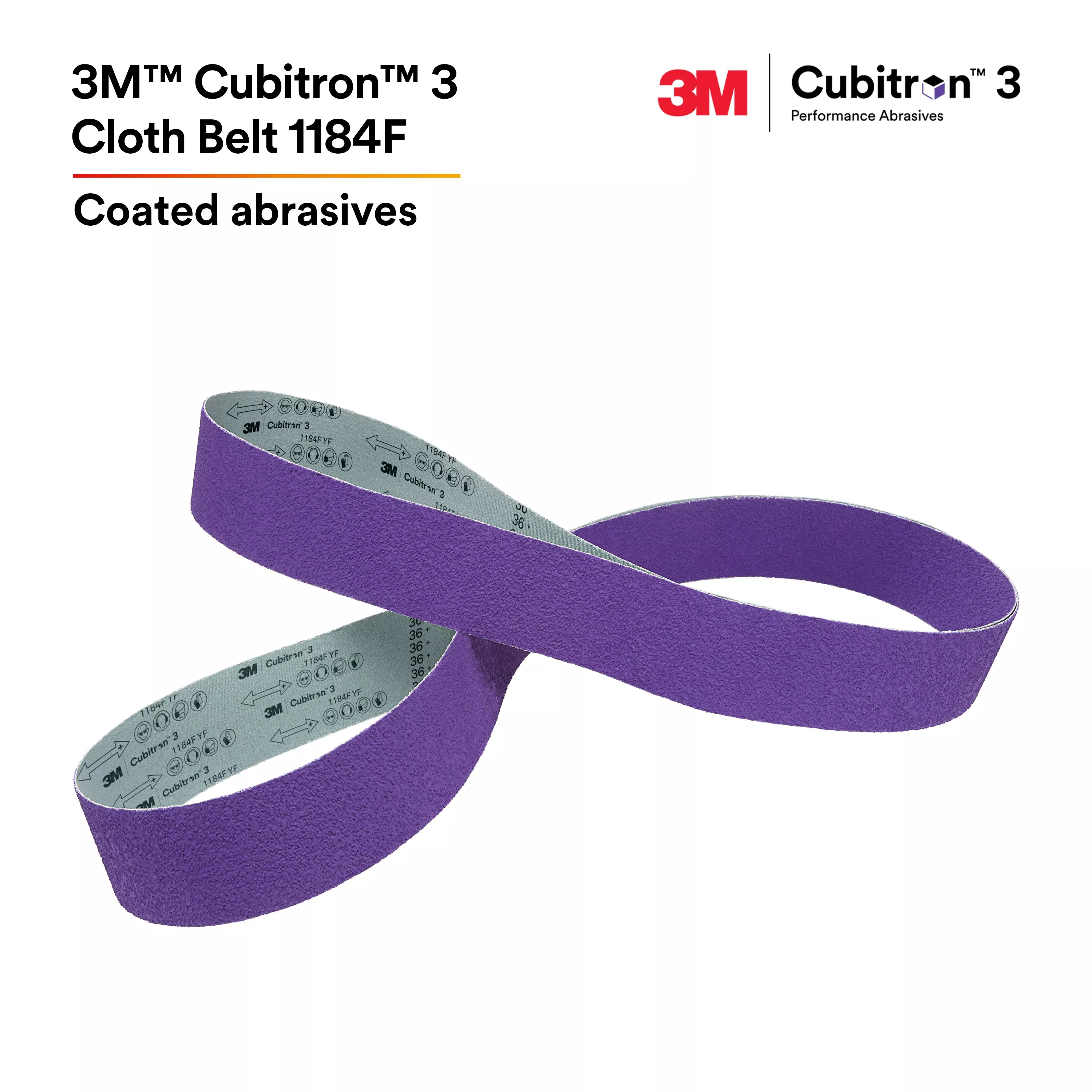 3M™ Cubitron™ 3 Cloth Belt 1184F, 36+ YF-weight, 9-23/64 in x 132 in, Film-lok, Single-flex, 5 ea/Case