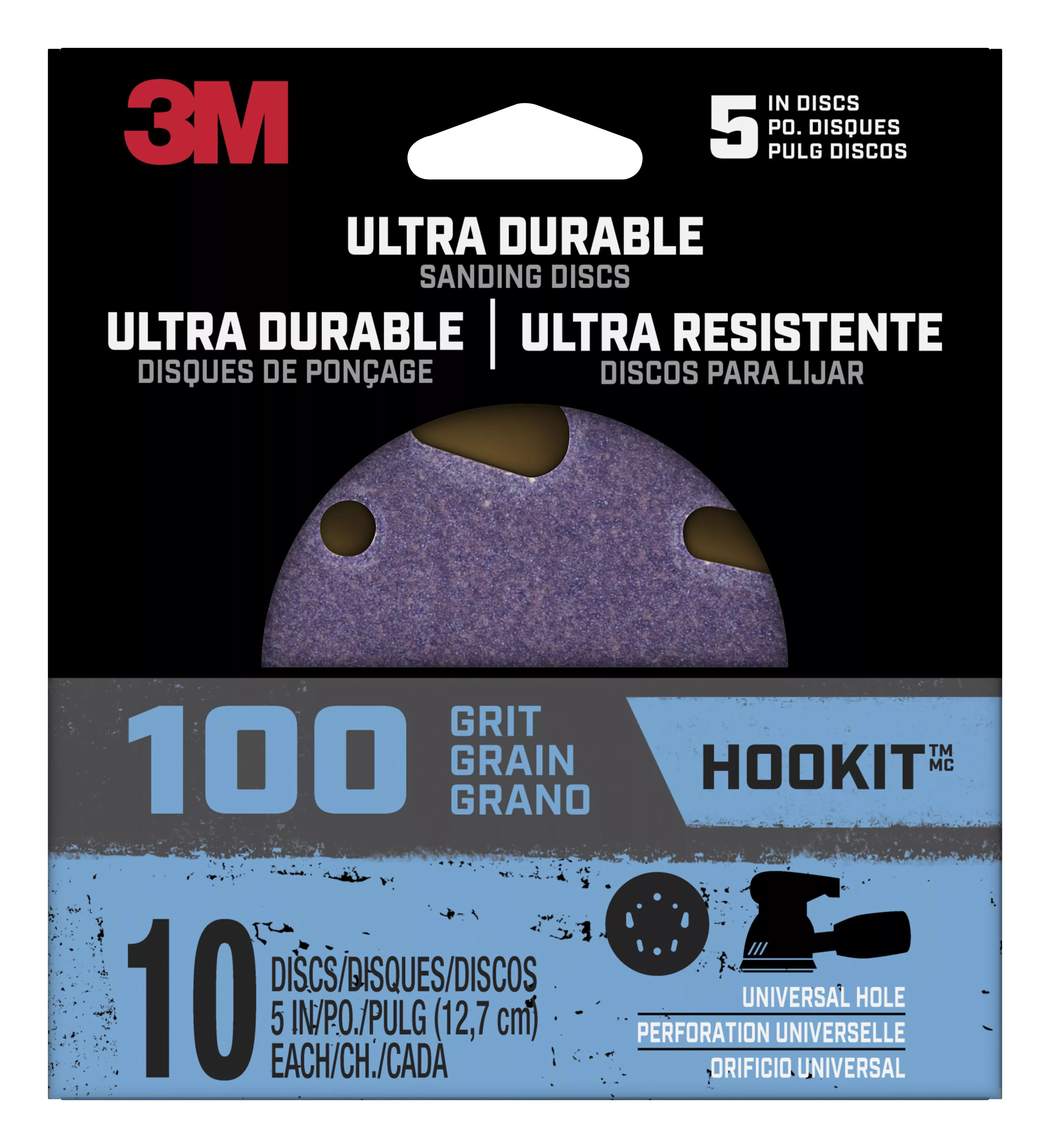 3M™ Ultra Durable 5 inch Power Sanding Discs, Universal Hole, 100 grit,
Disc5in10pk100, 10/pk, 12pks/cs