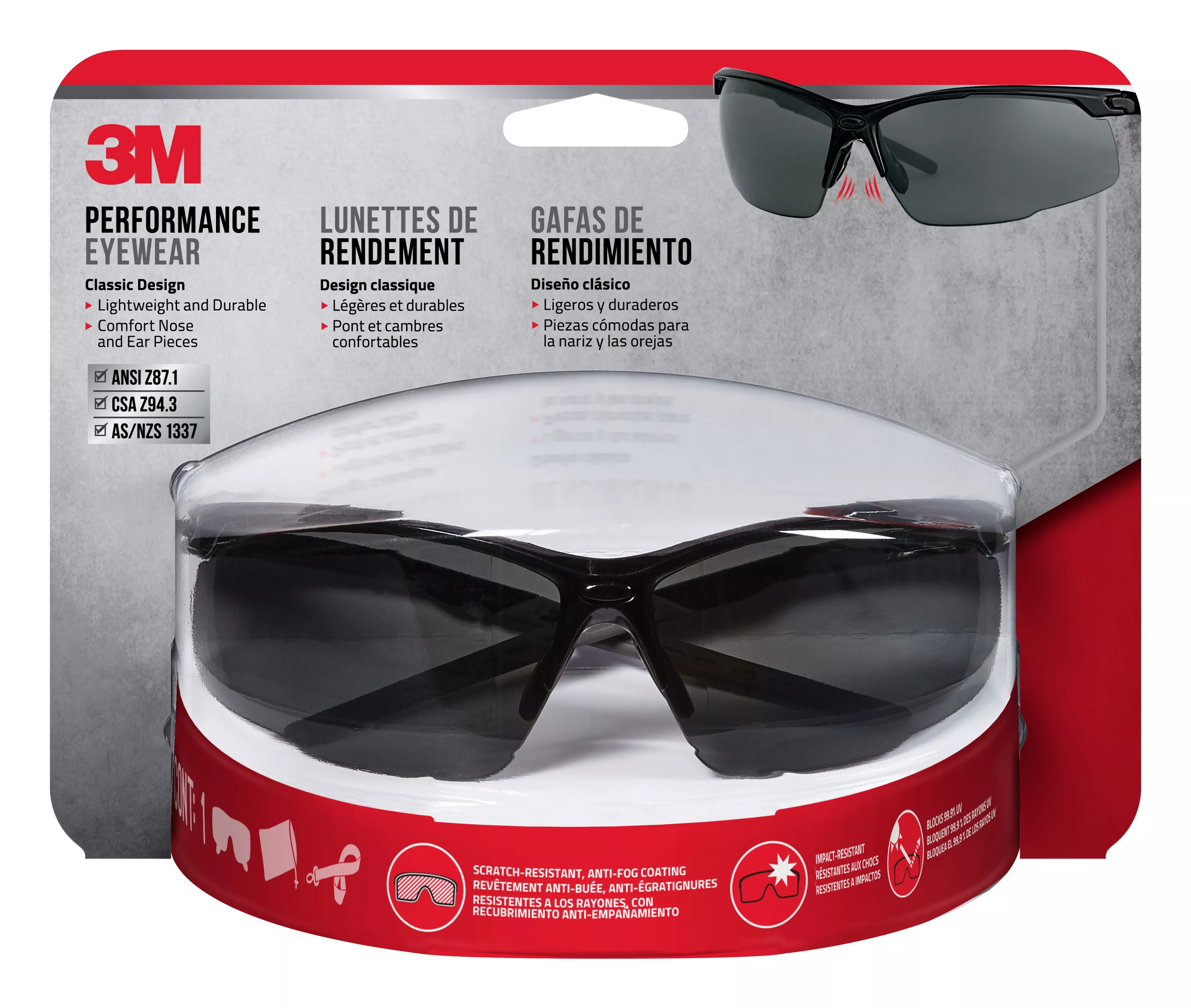 3M™ Performance Eyewear Anti-Fog, 47070H1-DC, Black/Gray, Clear Lens,
4/Case