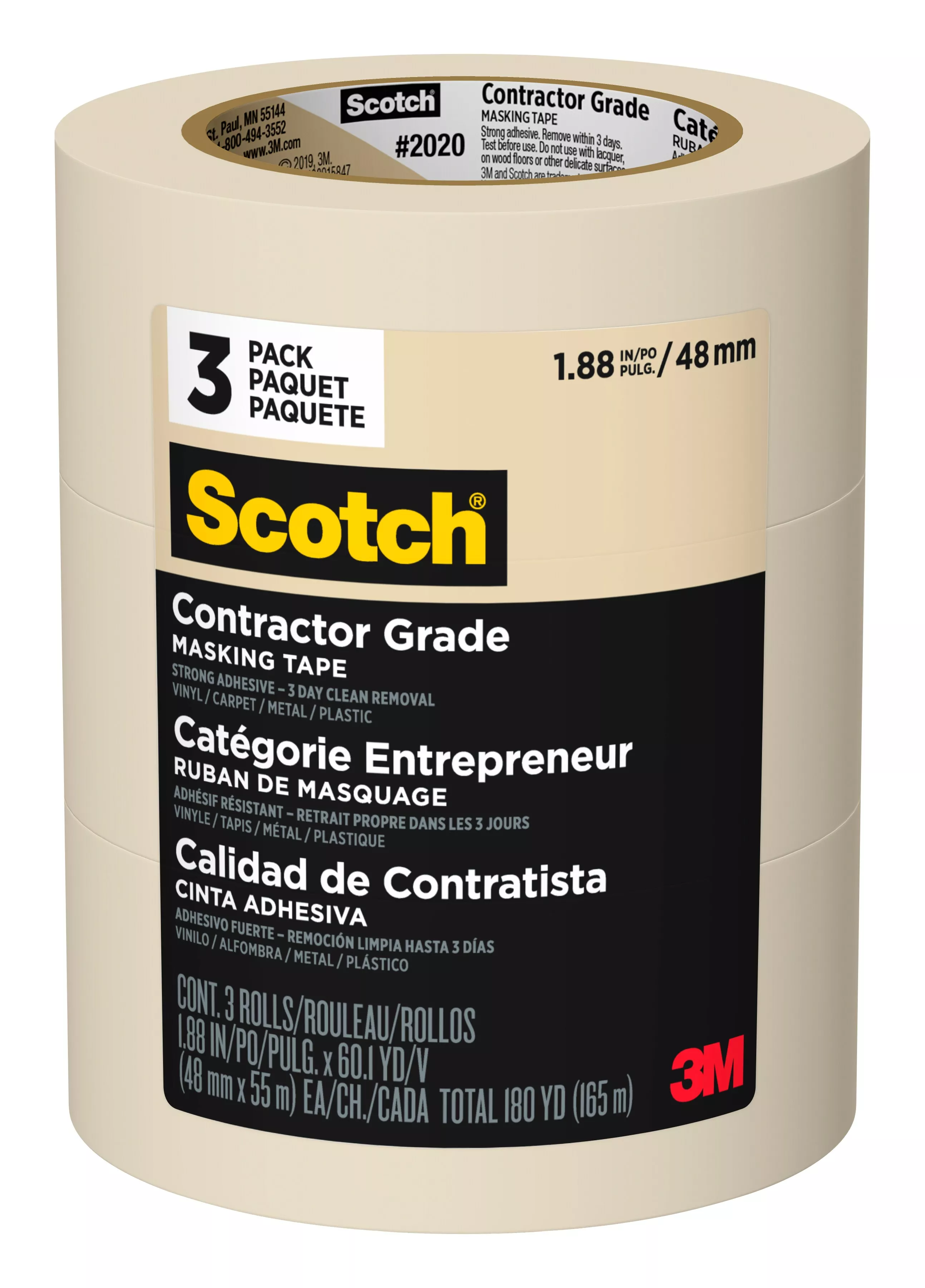 Scotch® Contractor Grade Masking Tape 2020-48EP3, 1.88 in x 60.1 yd
(48mm x 55m), 3 rolls/pack