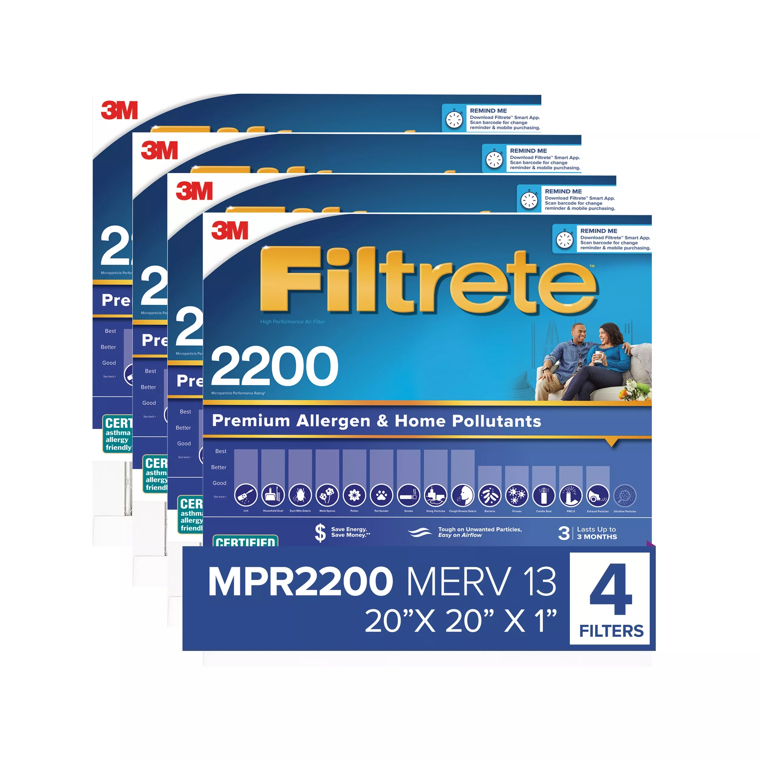 Filtrete™ High Performance Air Filter 2200 MPR EA02-4, 20 in x 20 in x 1 in (50.8 cm x 50.8 cm x 2.5 cm)