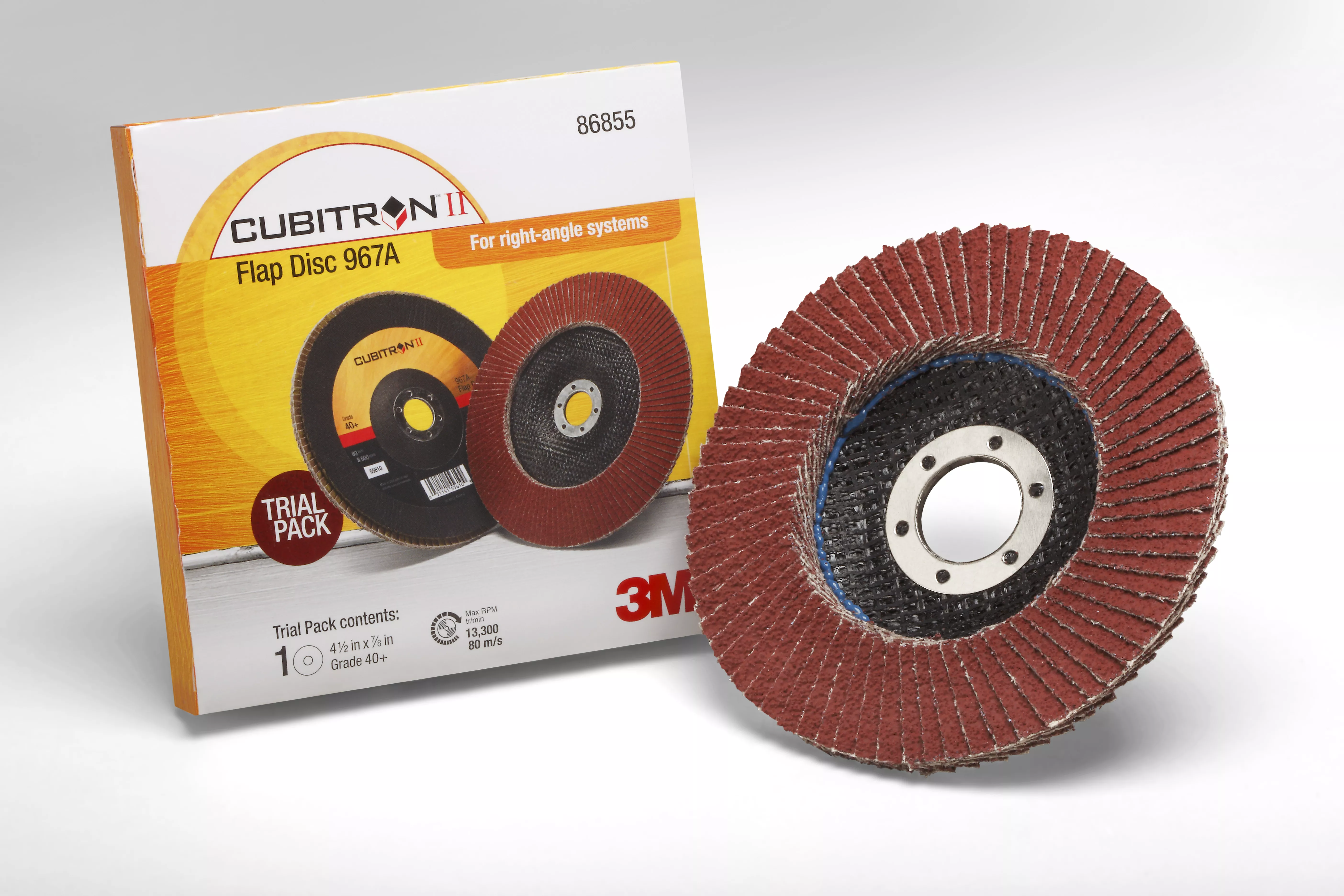 3M™ Cubitron™ II Flap Disc 967A, 40+, T27, 4-1/2 in x 7/8 in, 10
ea/Case, Single Pack
