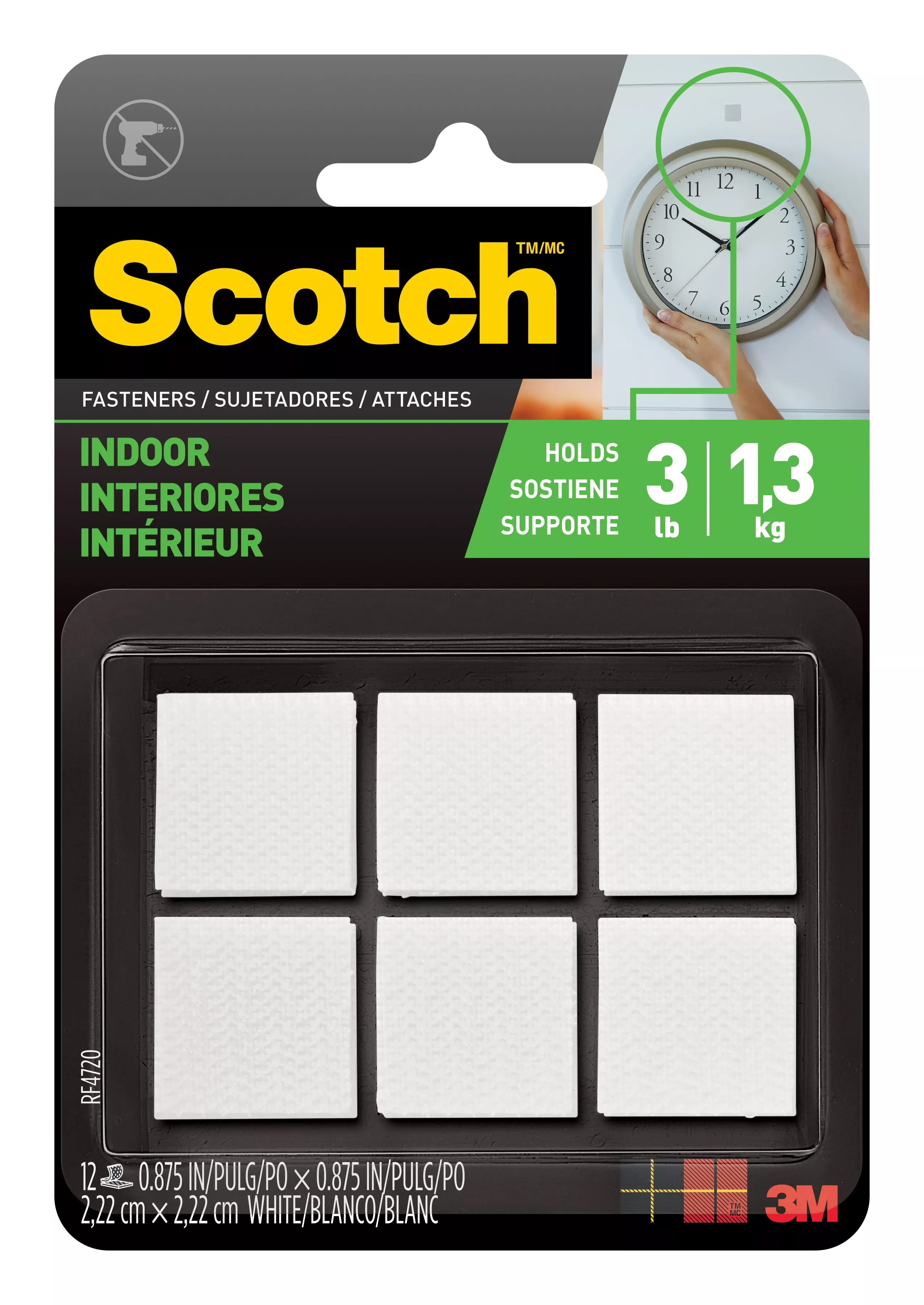 Scotch™ Indoor Fasteners RF4720, 7/8 in x 7/8 in (22,2 mm x 22,2 mm),
White, 12 Sets of Squares