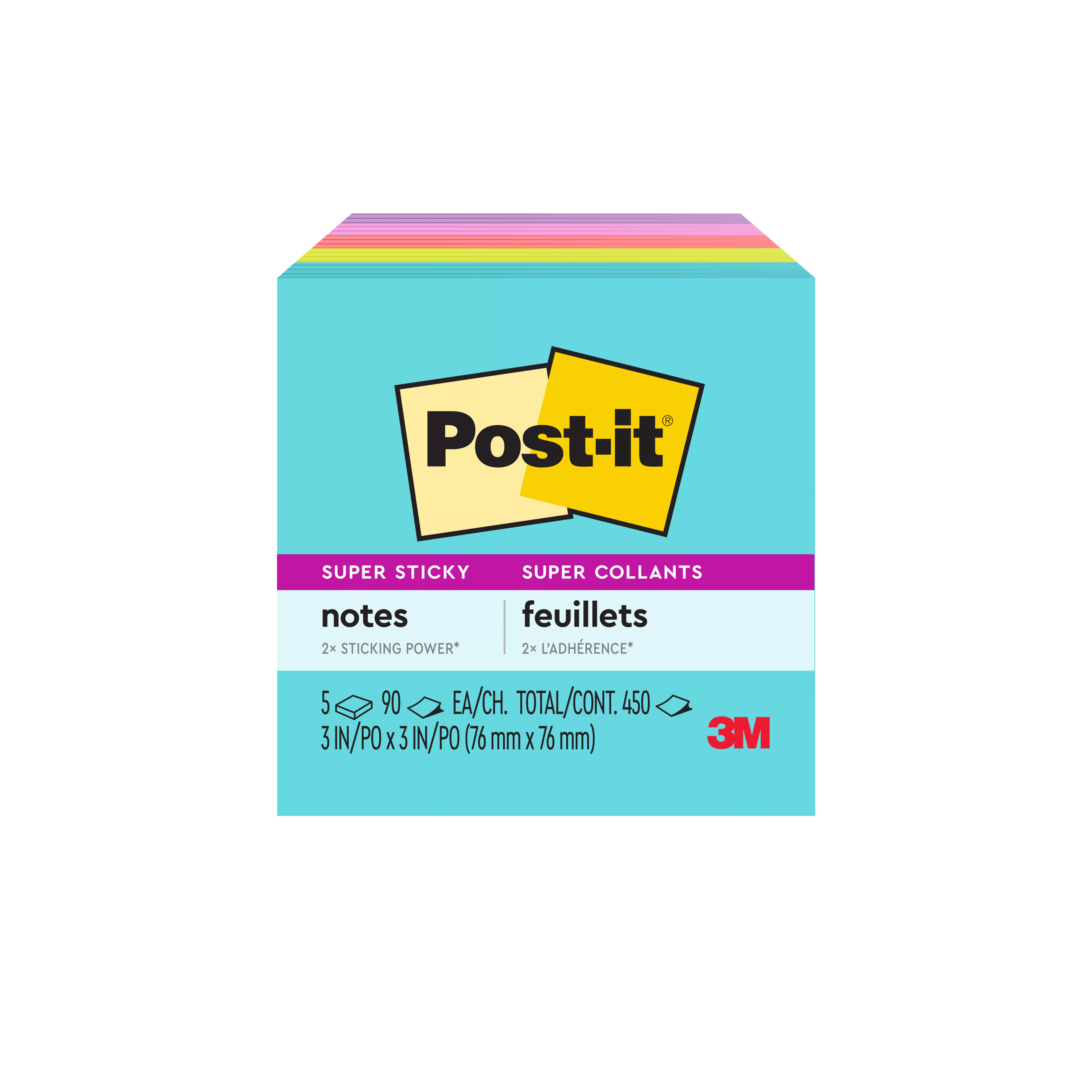 Post-it® Super Sticky Notes 654-5SSMIA, 3 in x 3 in (76 mm x 76 mm), Supernova Neons Collection