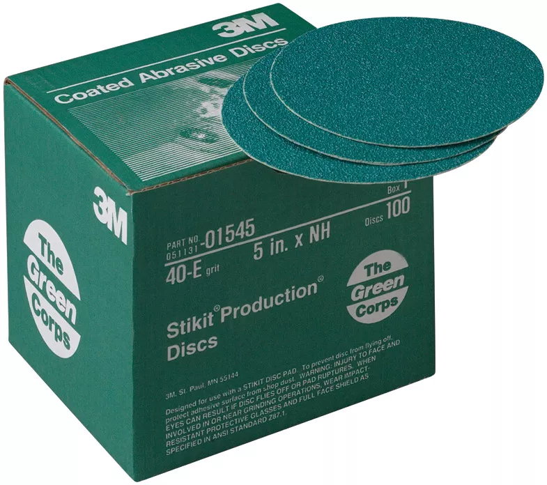 3M™ Green Corps™ Stikit™ Production™ Disc, 01545, 5 in, 40 grit, 100
discs per carton, 5 cartons per case