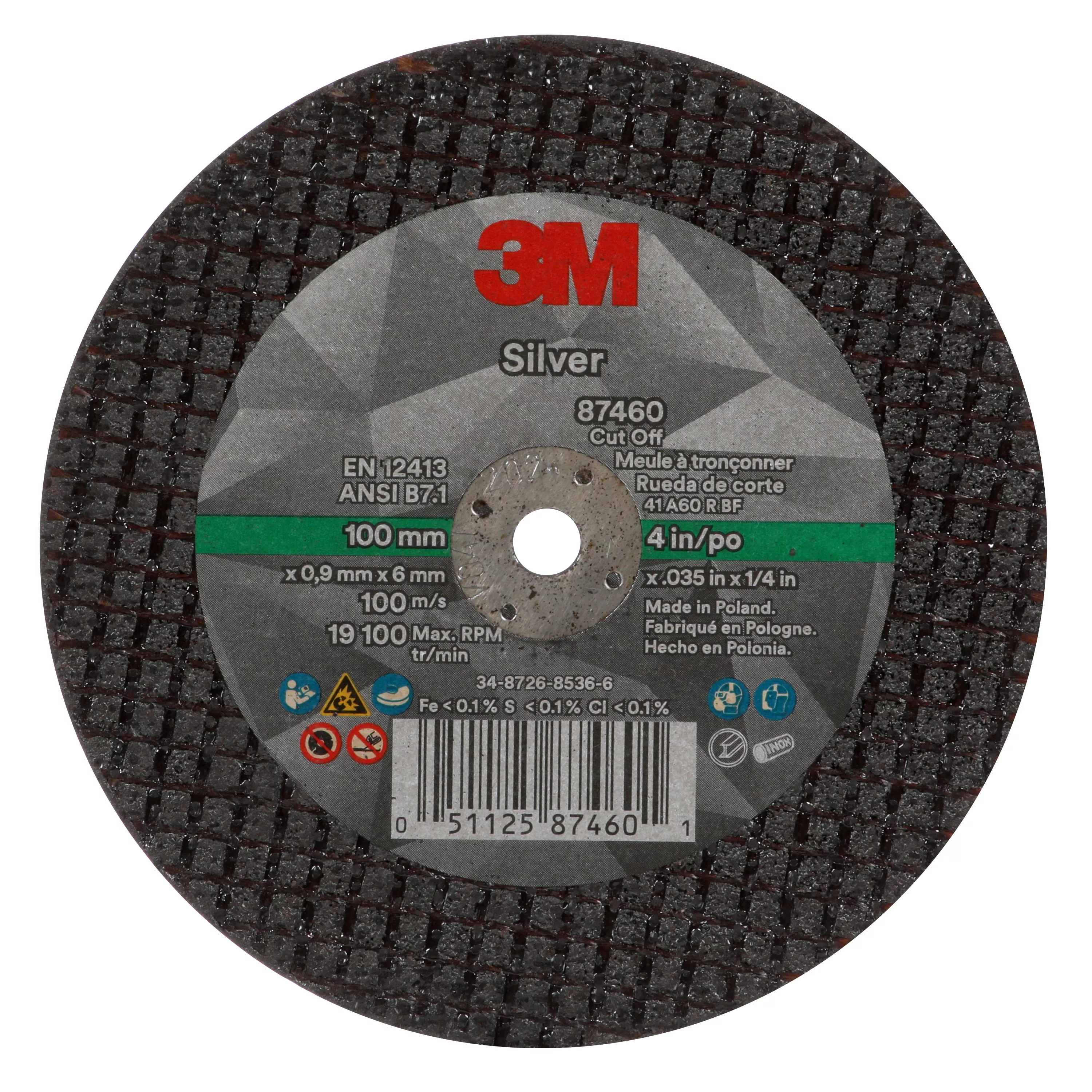 3M™ Silver Cut-Off Wheel, 87460, T1, 4 in x .035 in x 1/4 in, 50 ea/Case