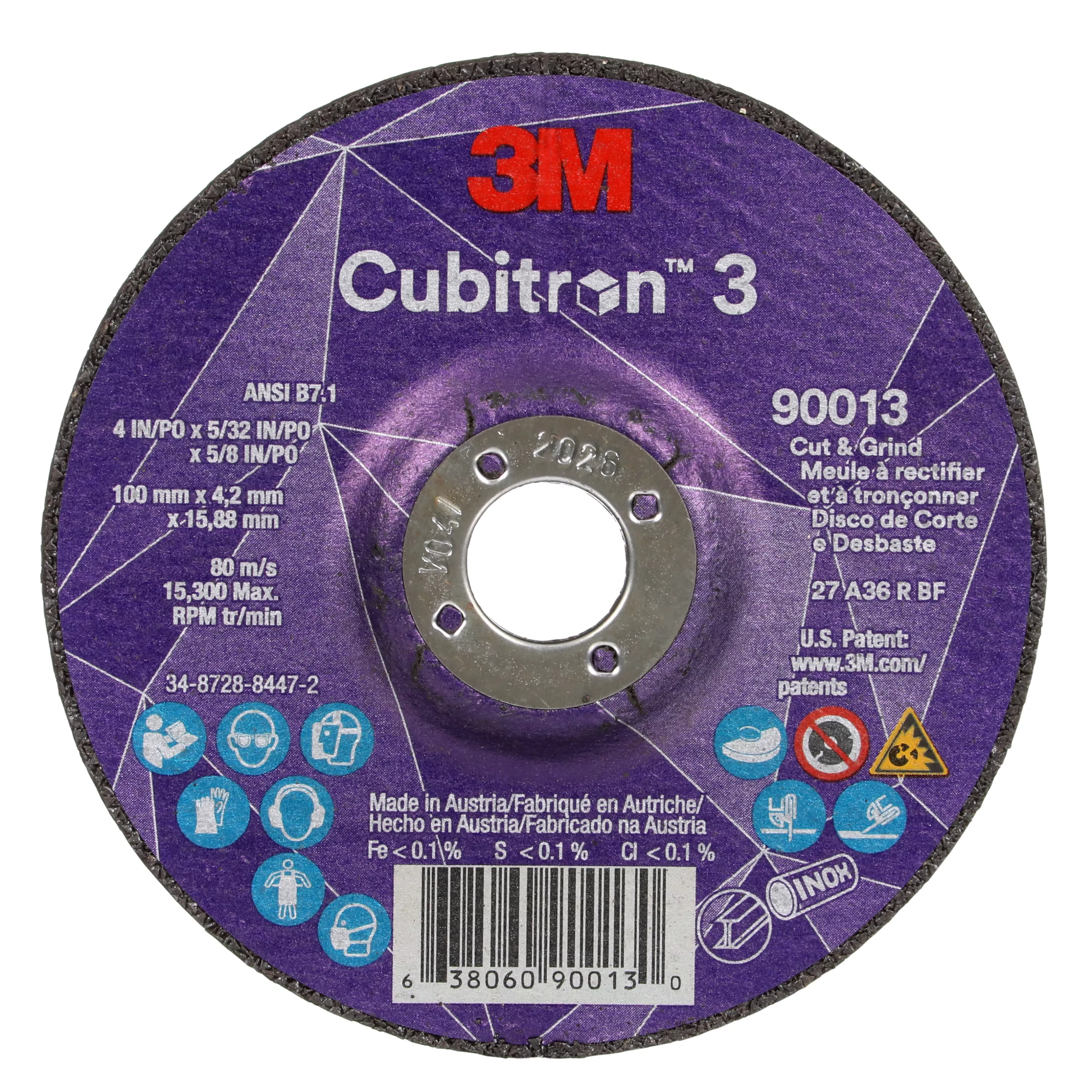 3M™ Cubitron™ 3 Cut and Grind Wheel, 90013, 36+, T27, 4 in x 5/32 in x
5/8 in (100 x 4.2 x 15.88 mm), ANSI, 10/Pack, 20 ea/Case