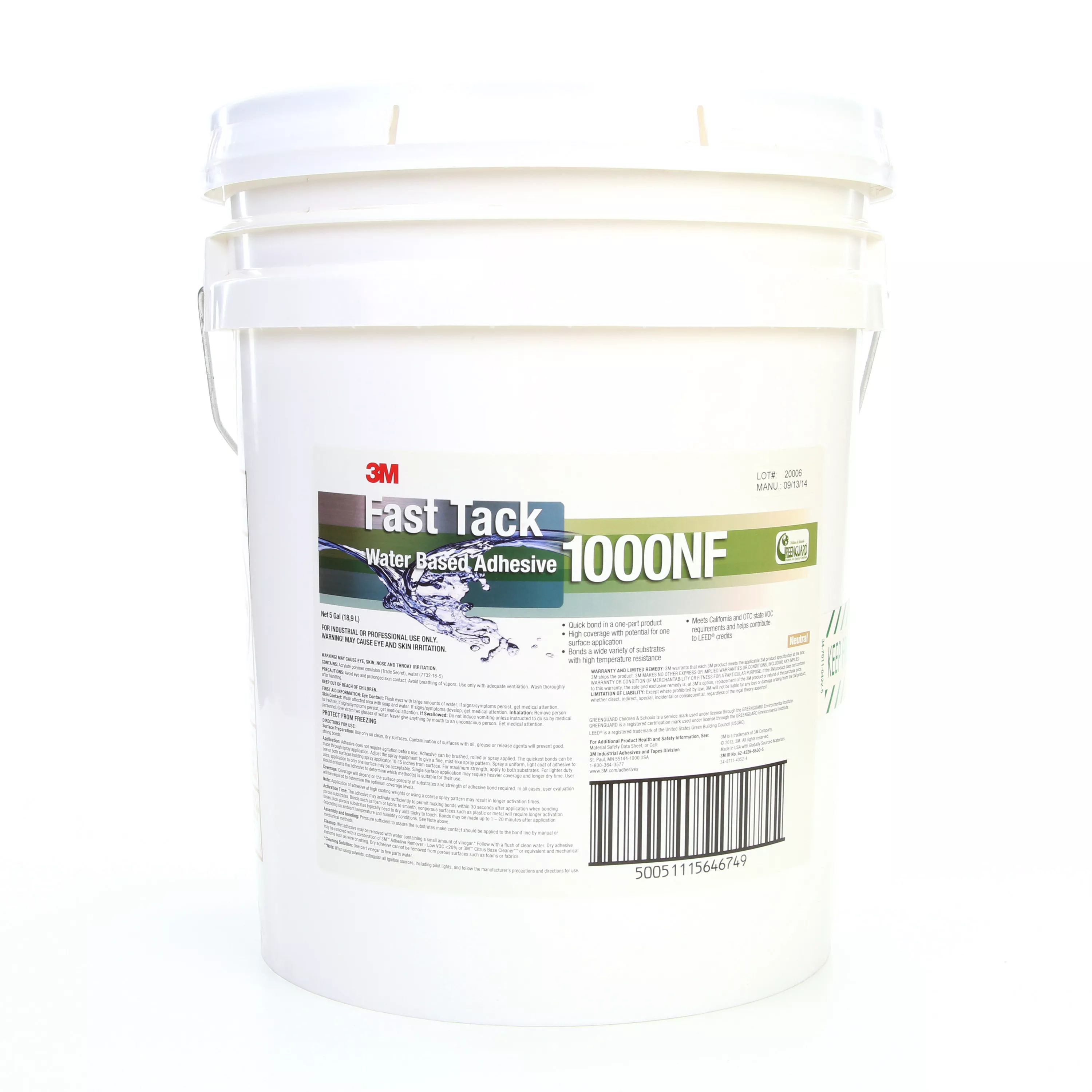 3M™ Fast Tack Water Based Adhesive 1000NF, Neutral, 5 Gallon (Pail), 1
Can/Drum