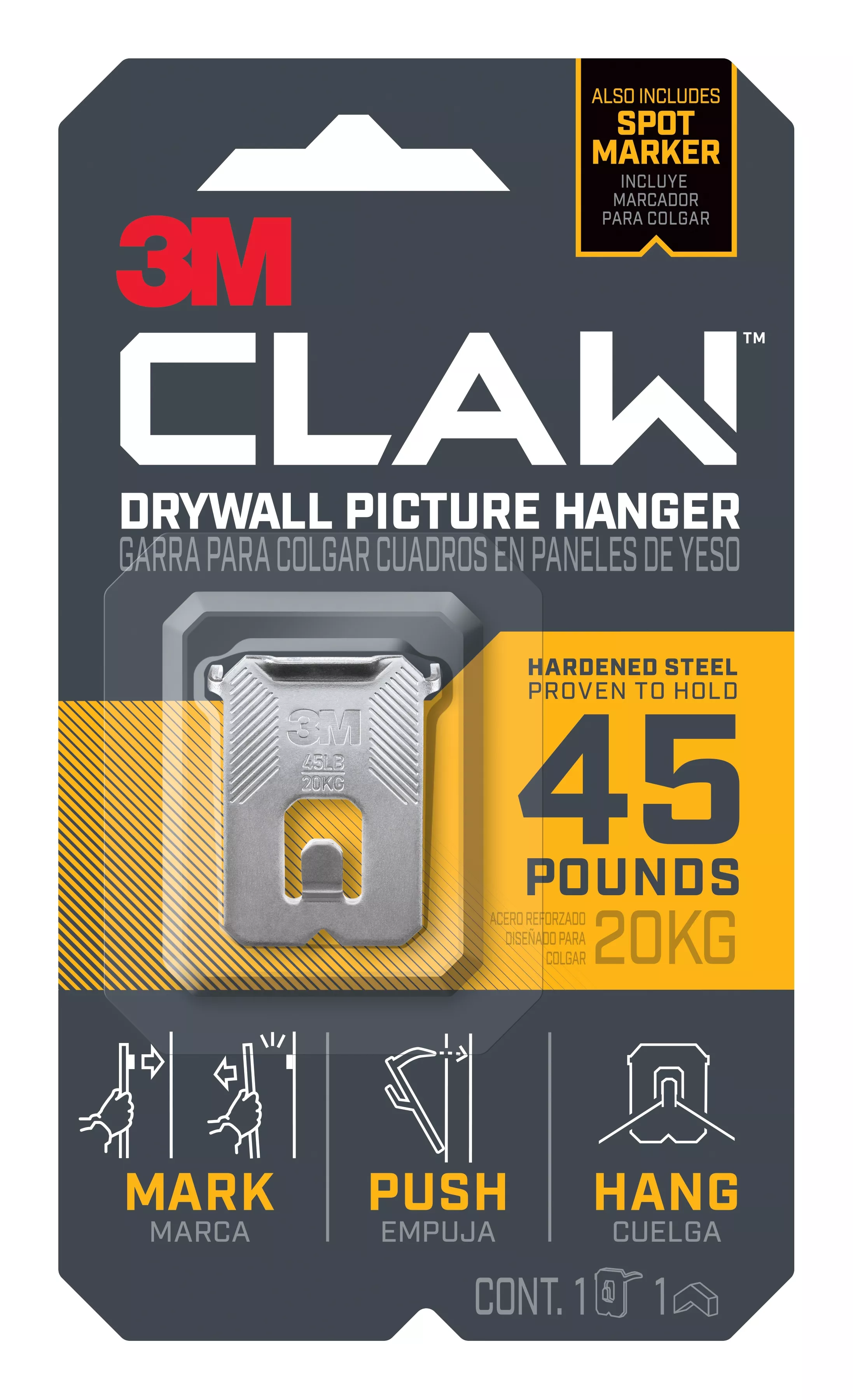 3M CLAW™ Drywall Picture Hanger 45 lb with Temporary Spot Marker 3PH45M-1EF, 1 hanger, 1 marker