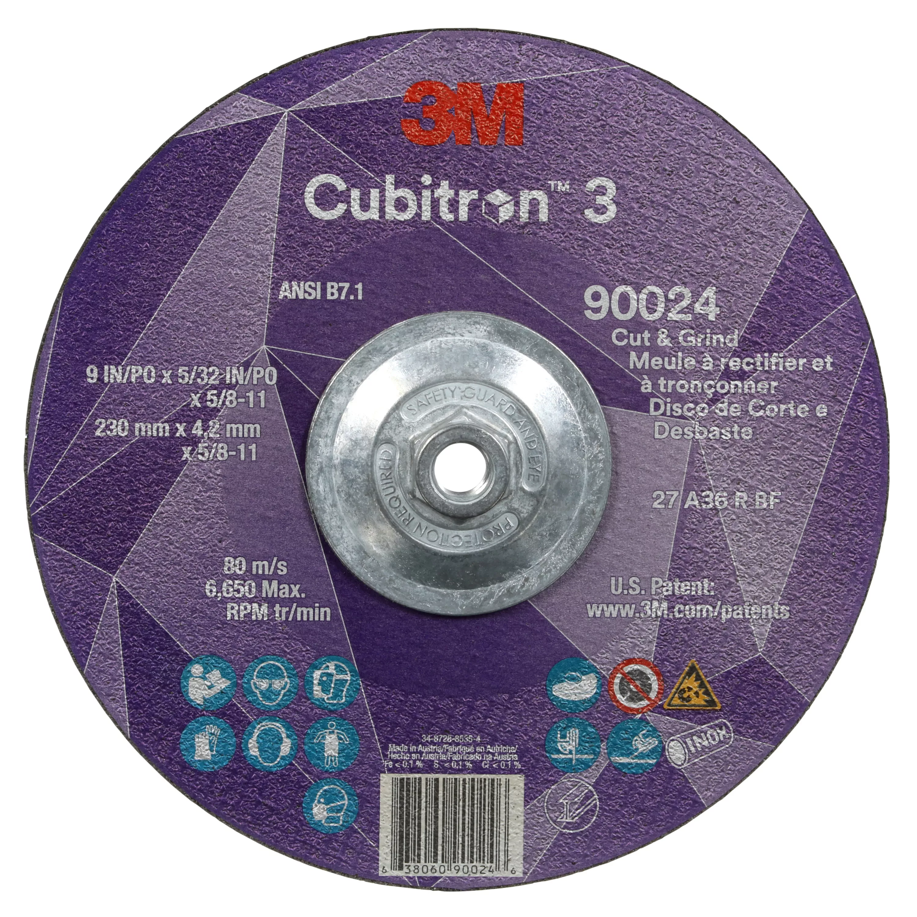 3M™ Cubitron™ 3 Cut and Grind Wheel, 90024, 36+, T27, 9 in x 5/32 in x
5/8 in-11 (230 x 4.2 mm x 5/8-11 in), ANSI, 10 ea/Case