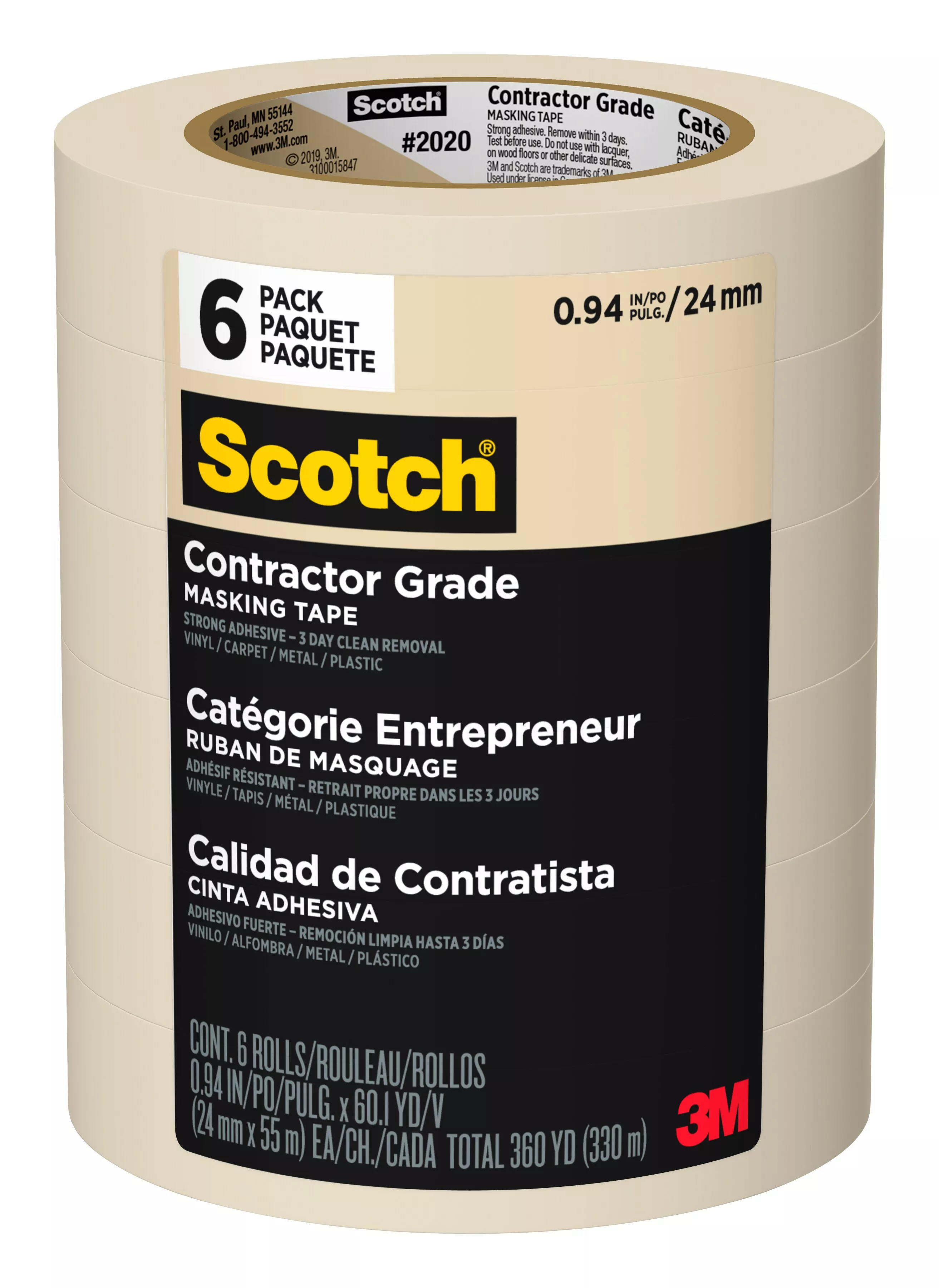 Scotch® Contractor Grade Masking Tape 2020-24EP6, 0.94 in x 60.1 yd (24mm x 55m), 6 rolls/pack