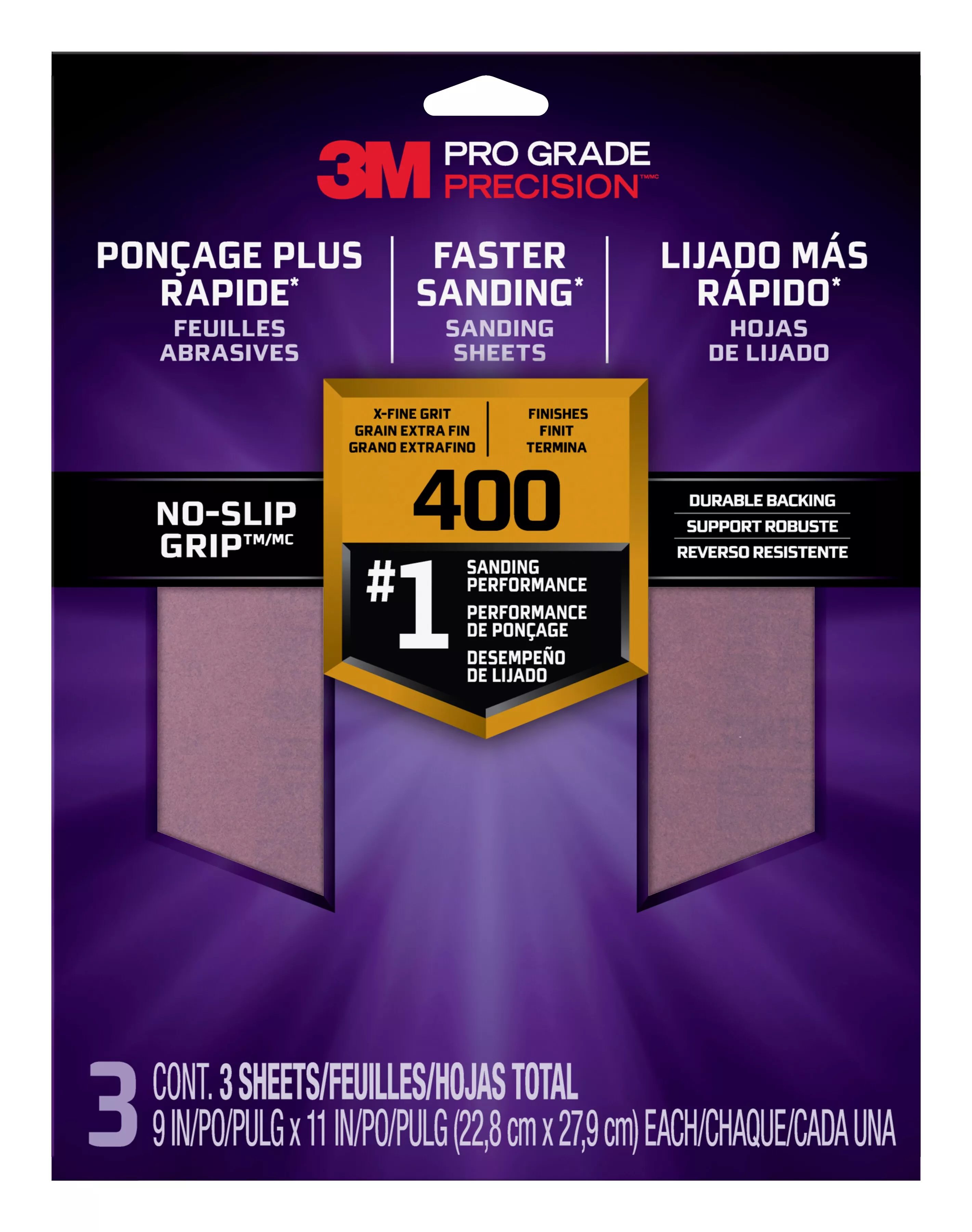 3M™ Pro Grade Precision™ Faster Sanding Sanding Sheets 400 grit X-Fine,
26400TRI-3, 9 in x 11 in, 3/pk