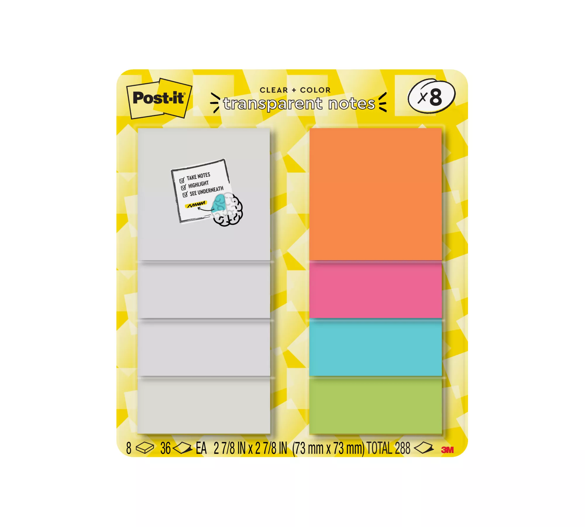 Post-it® Transparent Notes 600-8PK-CLUB, 2-7/8 in x 2-7/8 in (73 mm x 73 mm)