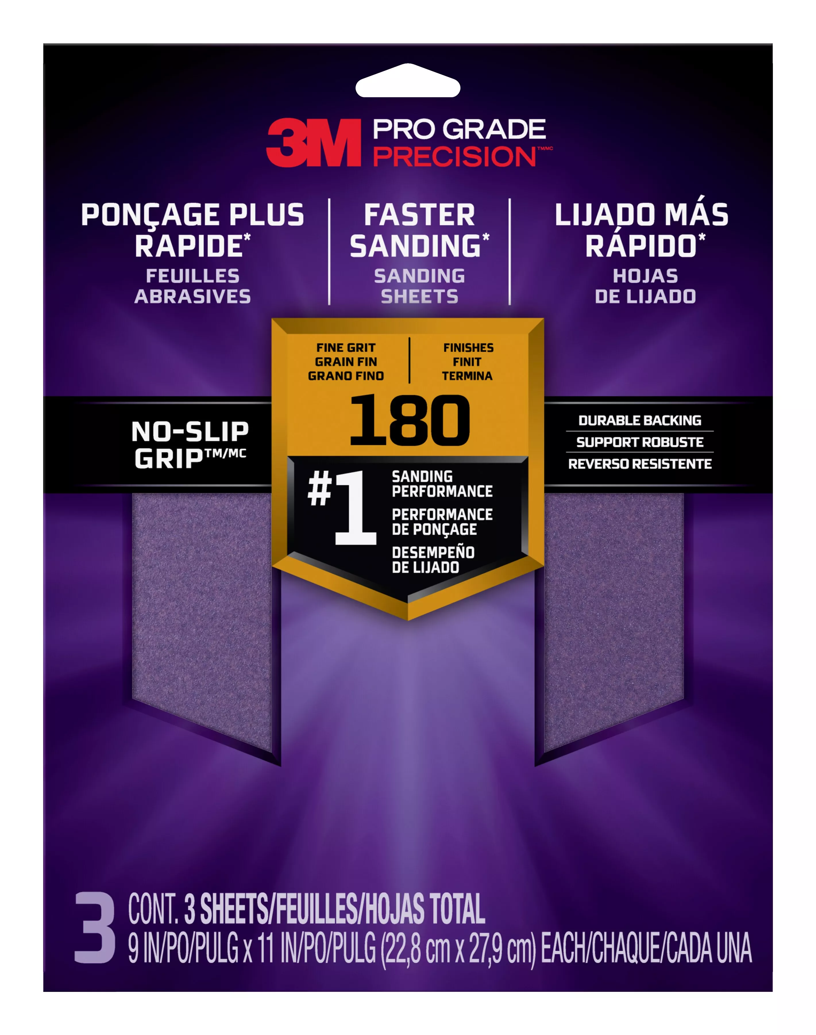 3M™ Pro Grade Precision™ Faster Sanding Sheets w/ NO-SLIP GRIP™ Backing SHR180-PGP-4T, 9 in x 11 in, 180 Gr, 4 Shts/pk