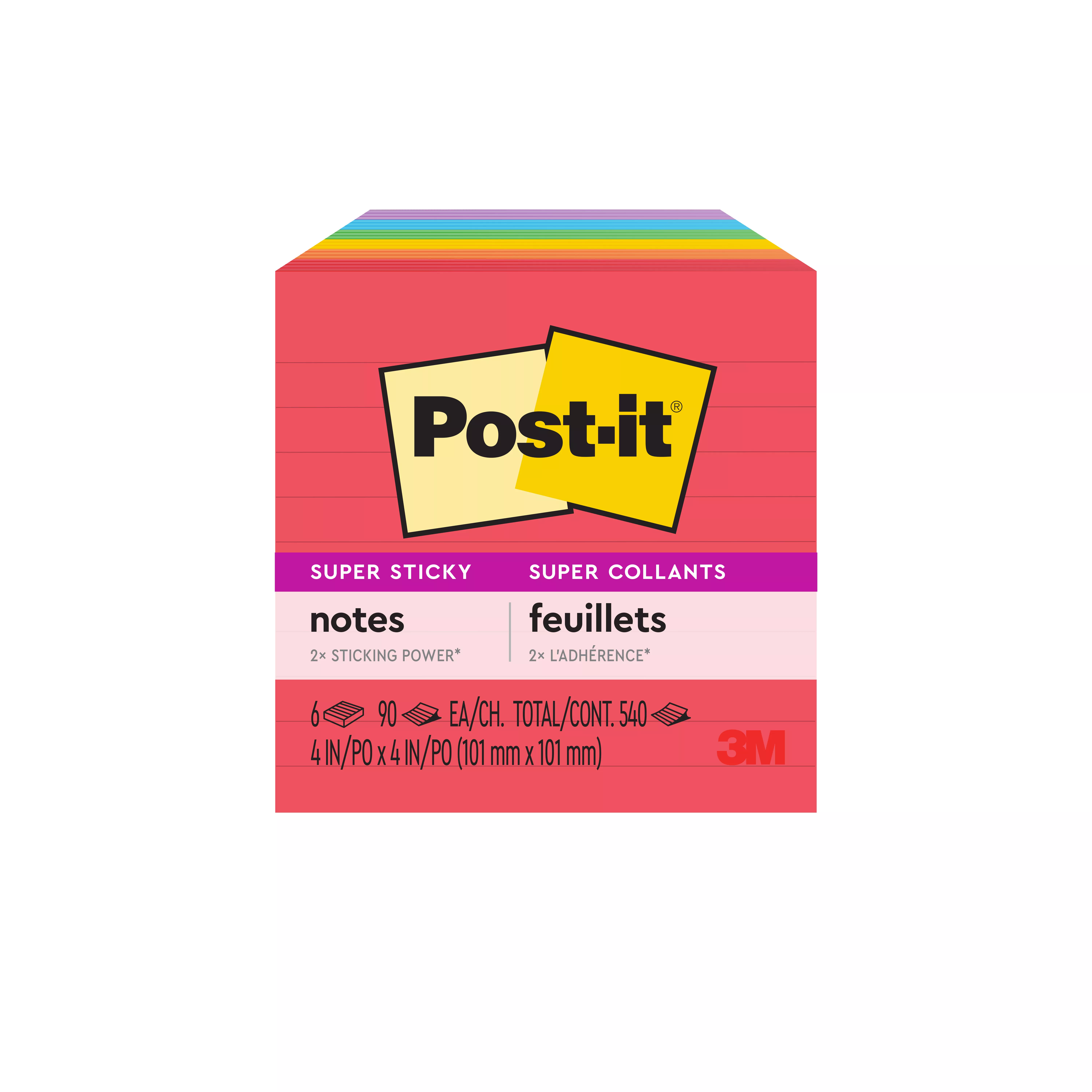 Post-it® Super Sticky Notes 675-6SSAN, 4 in x 4 in (101 mm x 101 mm), Playful Primaries Collection, Lined, 6 Pads/Pack
