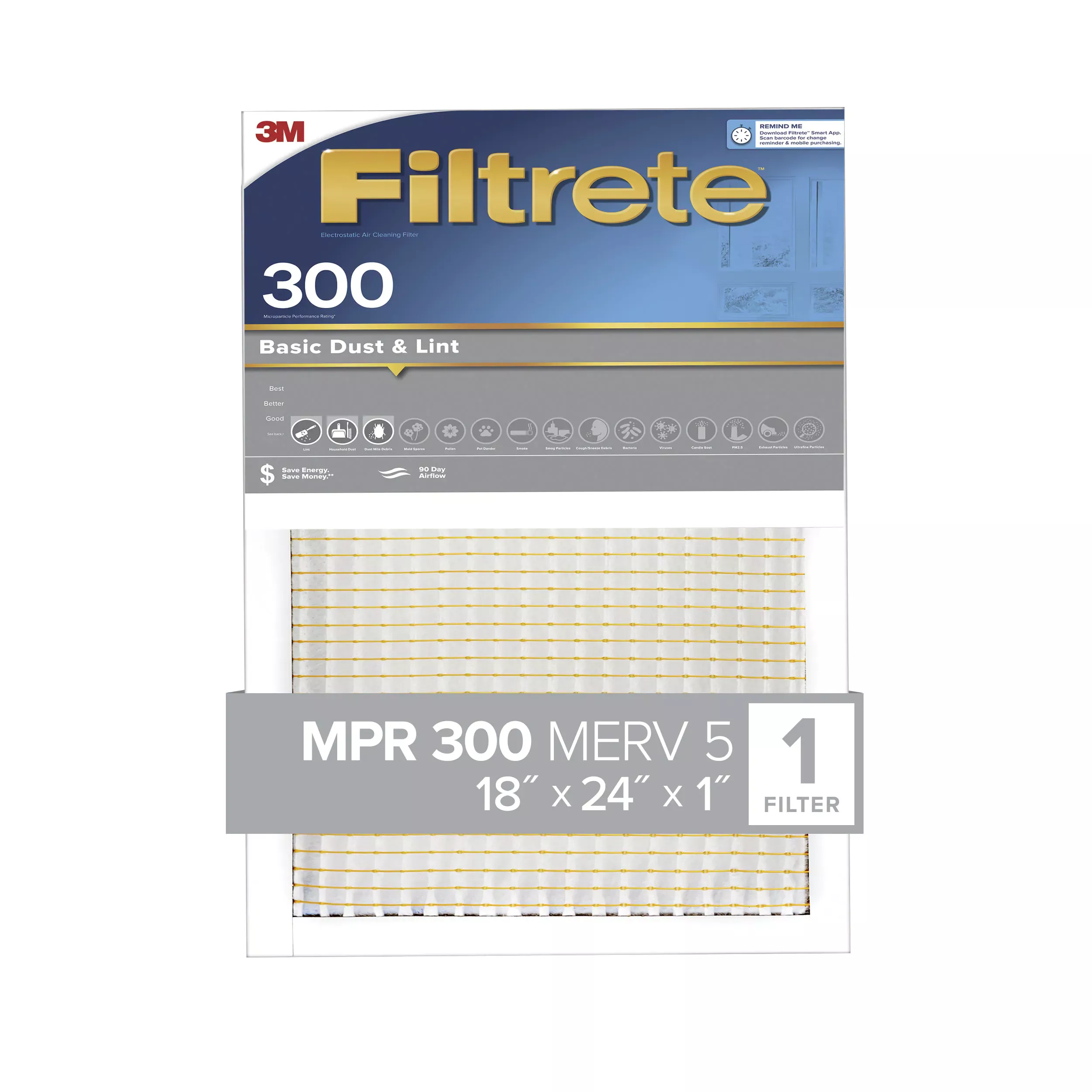 Filtrete™ Basic Dust & Lint Air Filter, 300 MPR, 321-4, 18 in x 24 in x
1 in (45.7 cm x 60.9 cm x 2.5 cm)