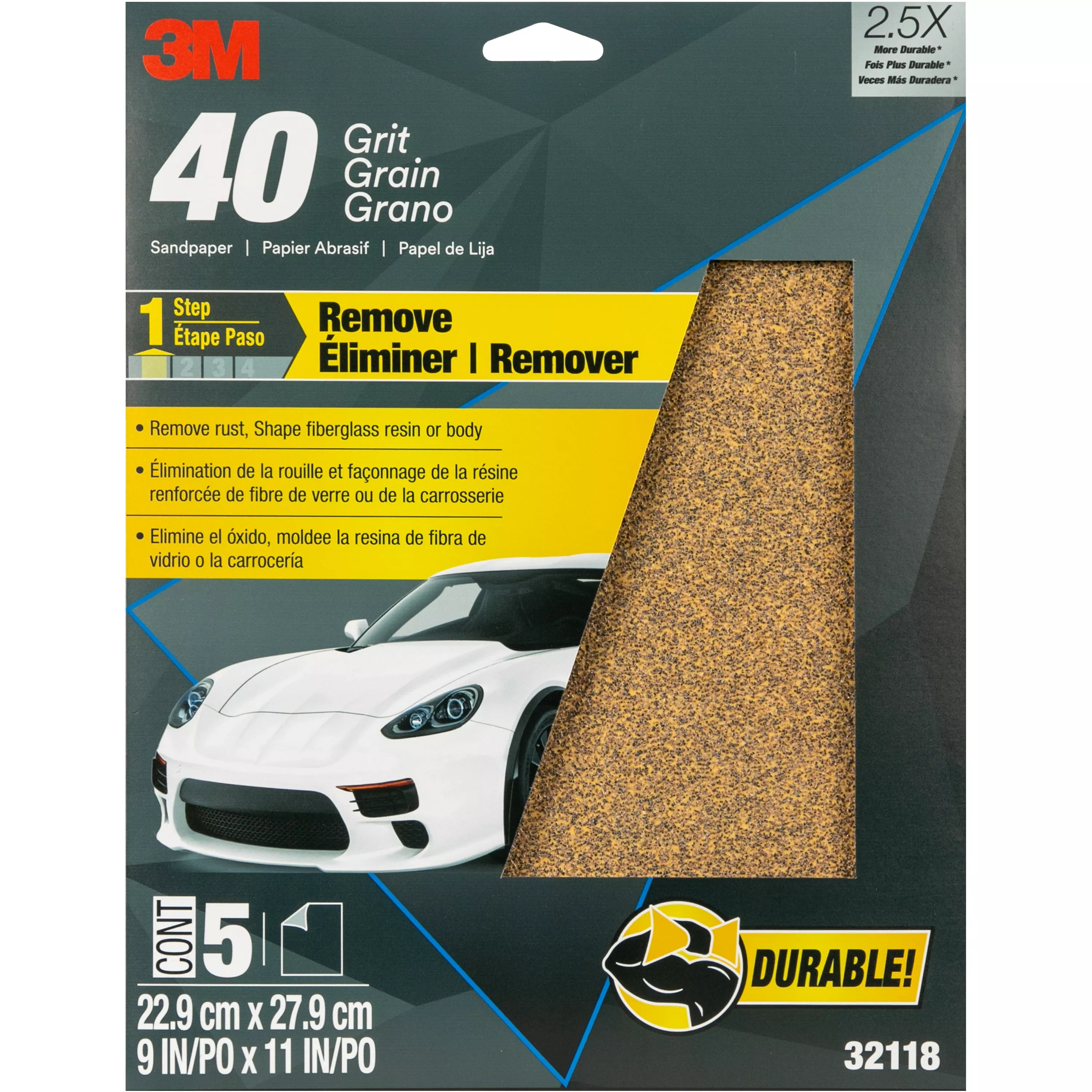 3M™ Sandpaper, 32118, 9 in x 11 in, 40 Grit, 5 sheets per pack, 20 packs
per case
