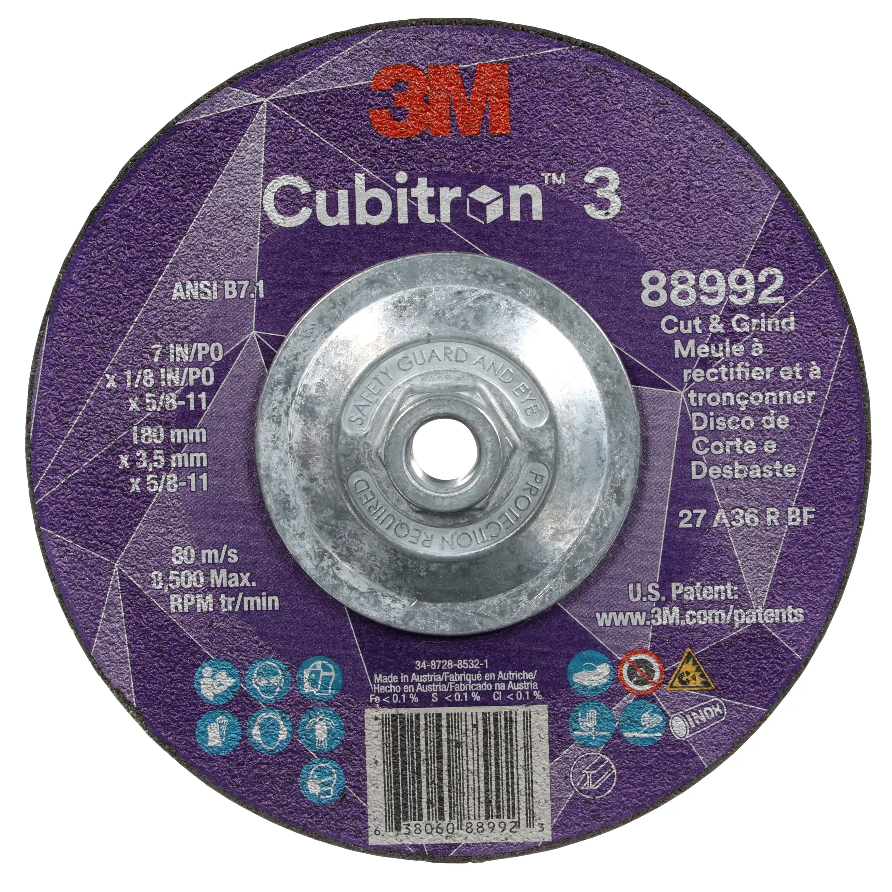 3M™ Cubitron™ 3 Cut and Grind Wheel, 88992, 36+, T27, 7 in x 1/8 in x
5/8 in-11 (180 x 3.2 mm x 5/8-11 in), ANSI, 10 ea/Case