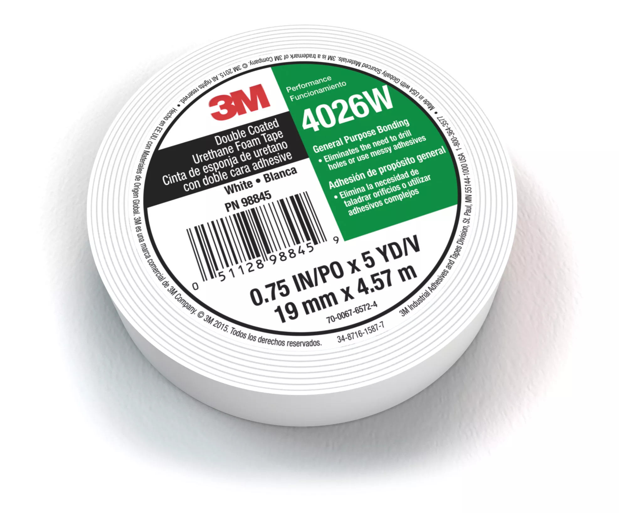 3M™ Double Coated Urethane Foam Tape 4026W, White, 1/2 in x 5 yd, 62
mil, 12 Rolls/Case