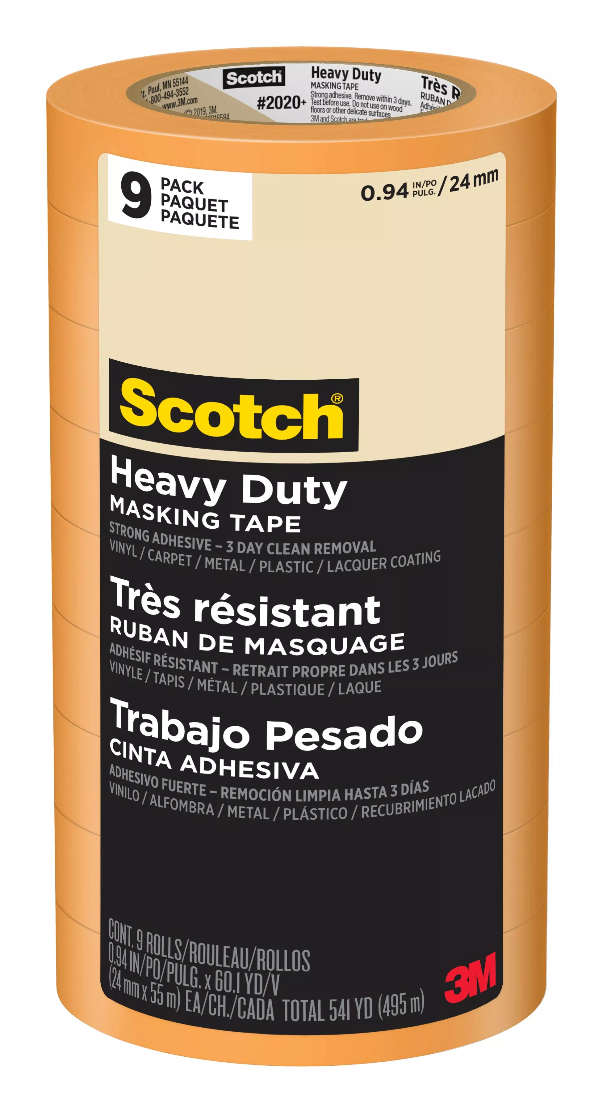 Scotch® Heavy Duty Masking Tape 2020+-24AP9, 0.94 in x 60.1 yd (24mm x
55m), 9 rolls/pack