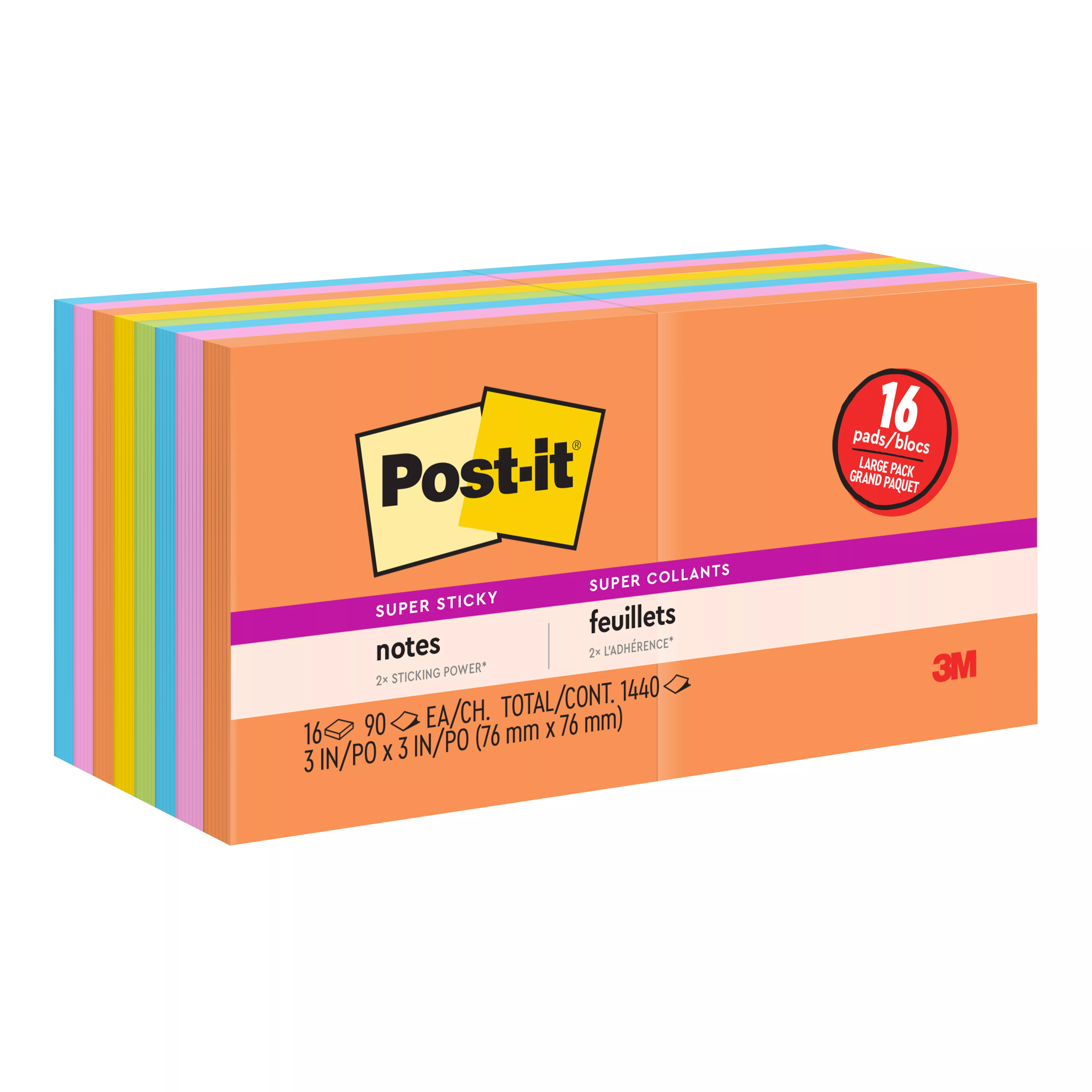 Post-it® Super Sticky Notes 654-12SSAU+4, 3 in x 3 in (76 mm x 76 mm), Energy Boost Collection