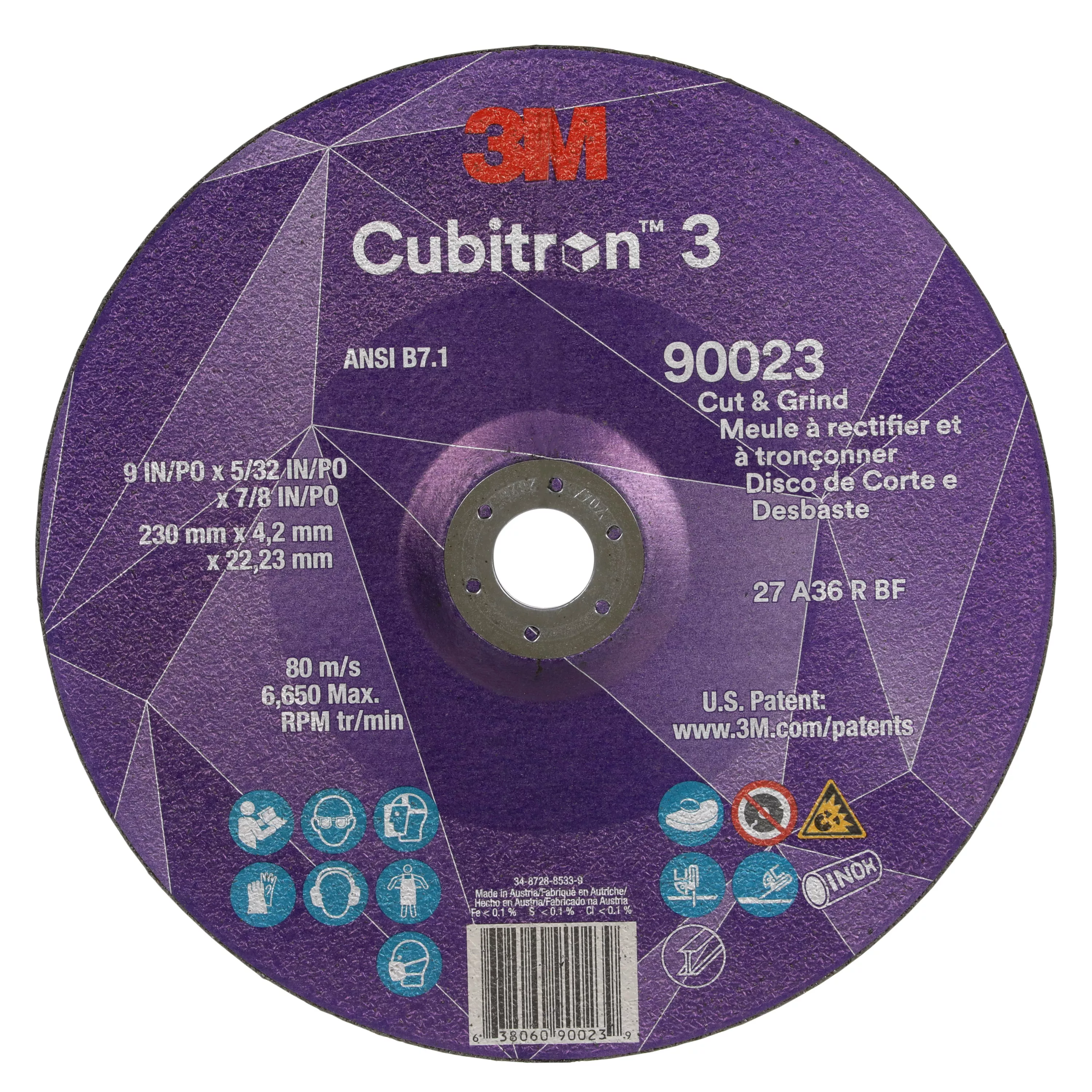 3M™ Cubitron™ 3 Cut and Grind Wheel, 90023, 36+, T27, 9 in x 5/32 in x
7/8 in (230 x 4.2 x 22.23 mm), ANSI, 10/Pack, 20 ea/Case