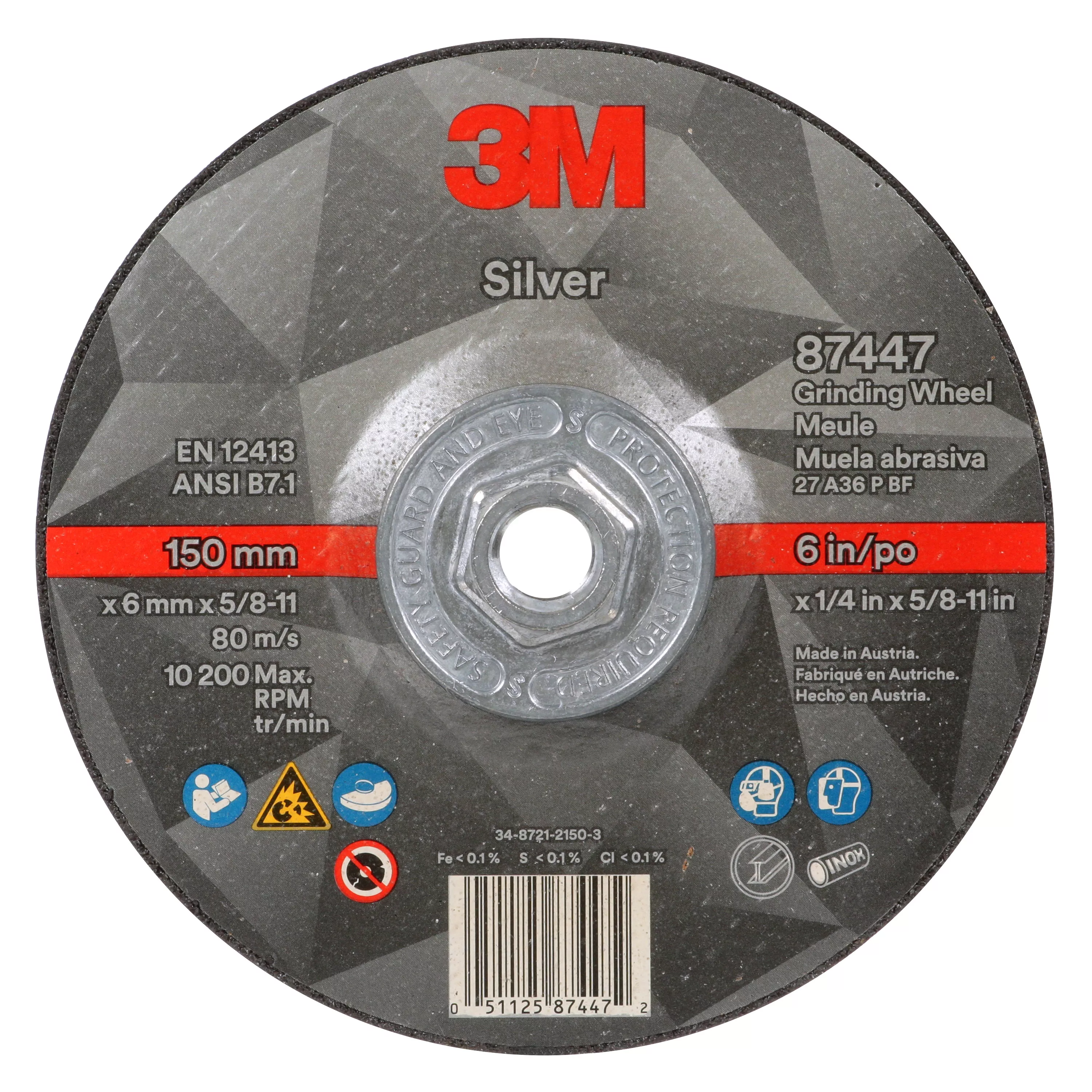 3M™ Silver Depressed Center Grinding Wheel, 87447, Quick Change, Type
27, 6 x 1/4 x 5/8