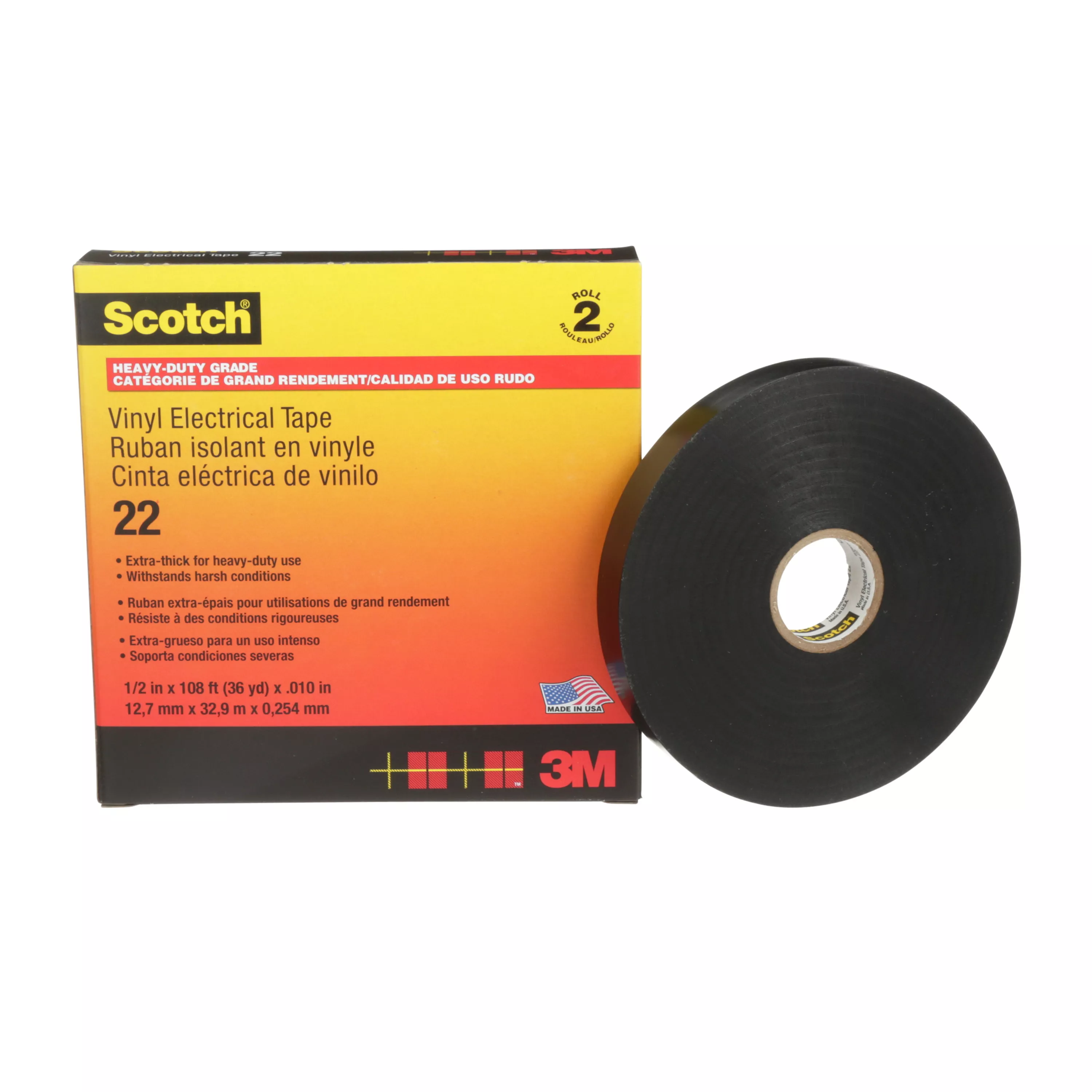 Scotch® Vinyl Electrical Tape 22, 1/2 in x 36 yd, Black, 2 rolls/carton,
48 rolls/Case