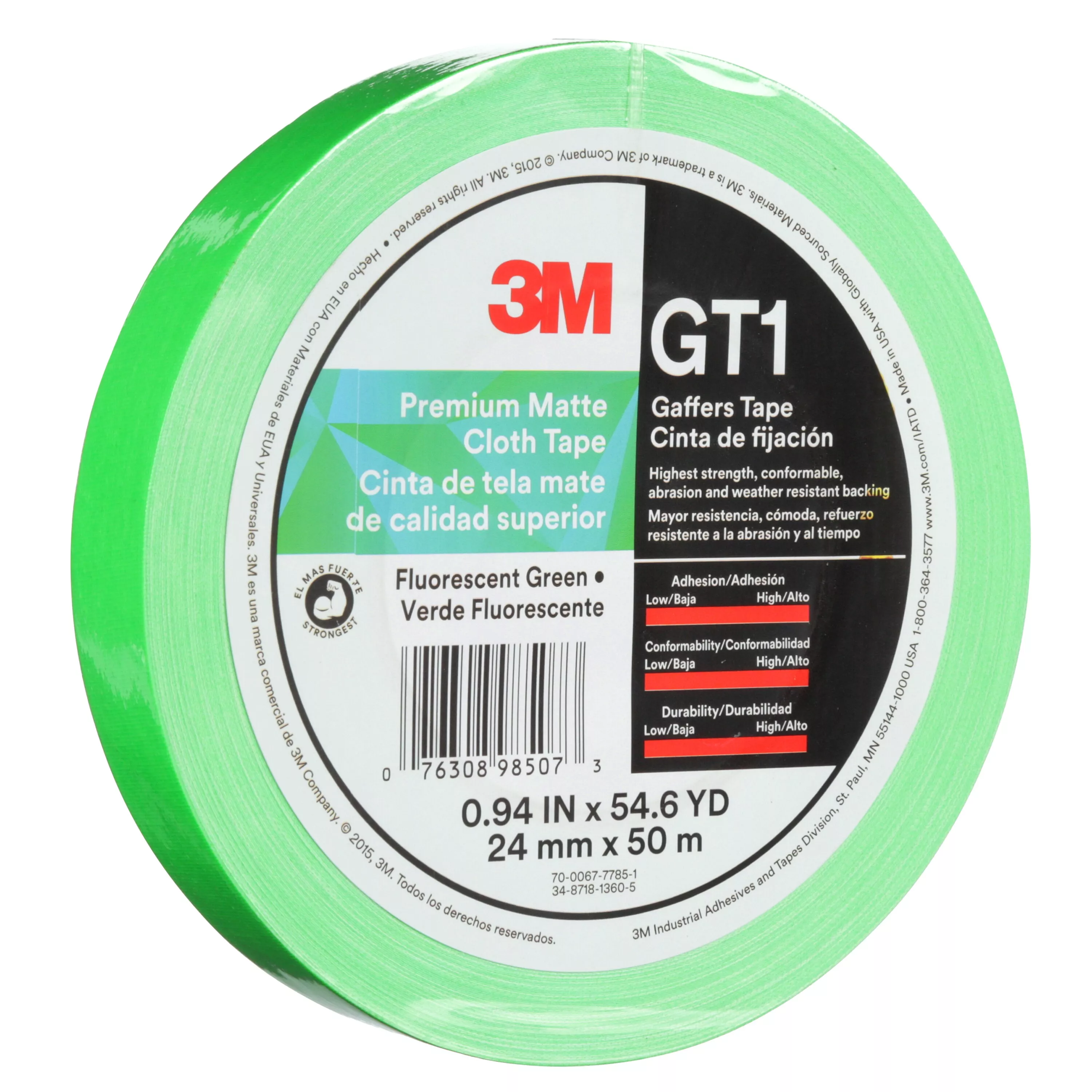 3M™ Premium Matte Cloth (Gaffers) Tape GT1, Fluorescent Green, 24 mm x
50 m, 11 mil, 48/Case