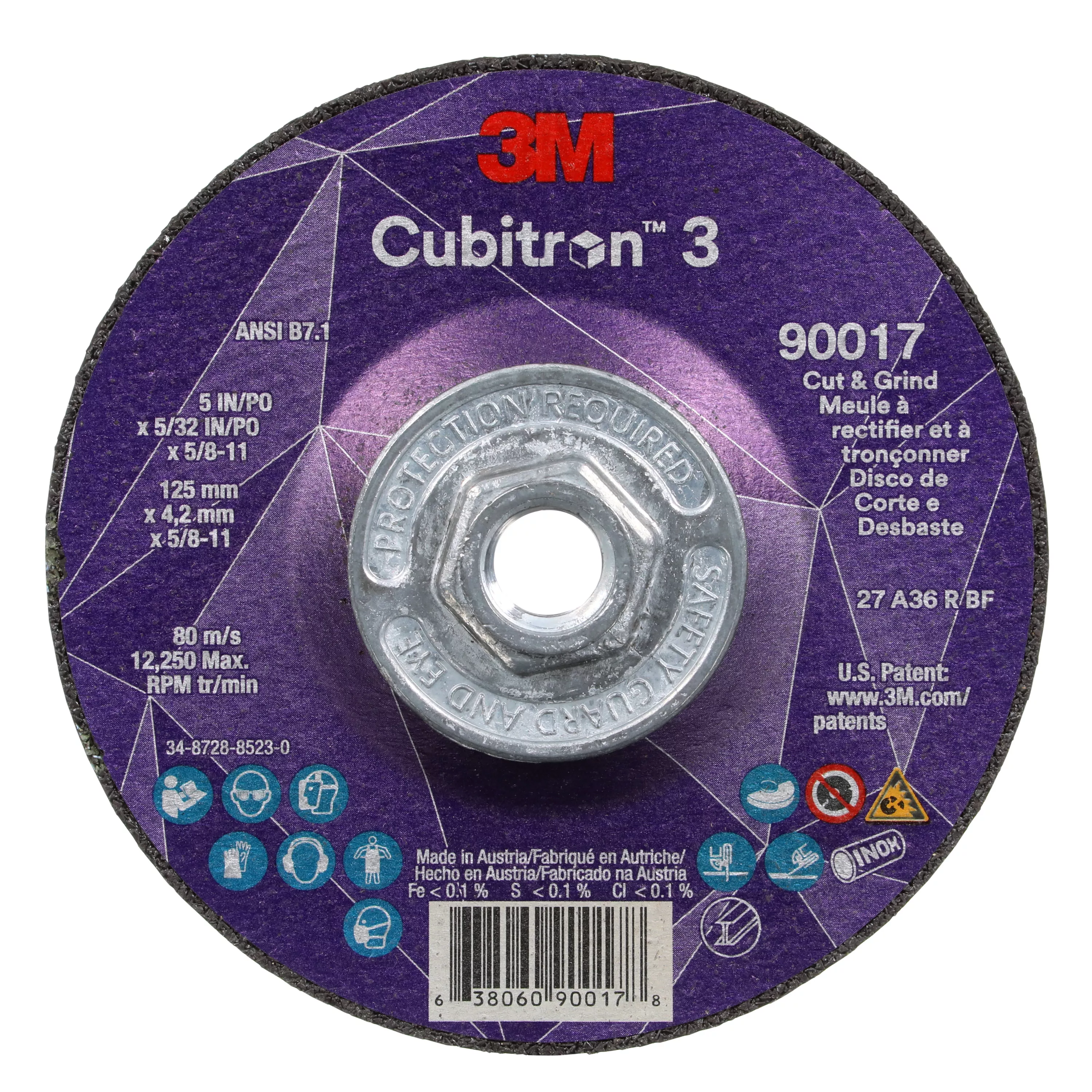 3M™ Cubitron™ 3 Cut and Grind Wheel, 90017, 36+, T27, 5 in x 5/32 in x
5/8 in-11 (125 x 4.2 mm x 5/8-11 in), ANSI, 10 ea/Case