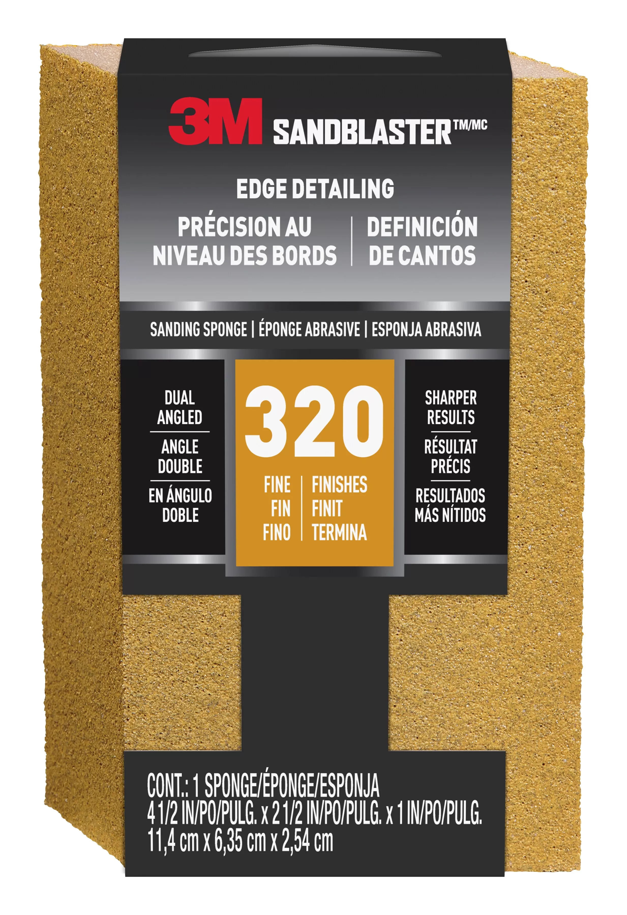 3M™ SandBlaster™ EDGE DETAILING Sanding Sponge, 9566 ,320 grit, 4 1/2 in
x 2 1/2 x 1 in, 1/pk