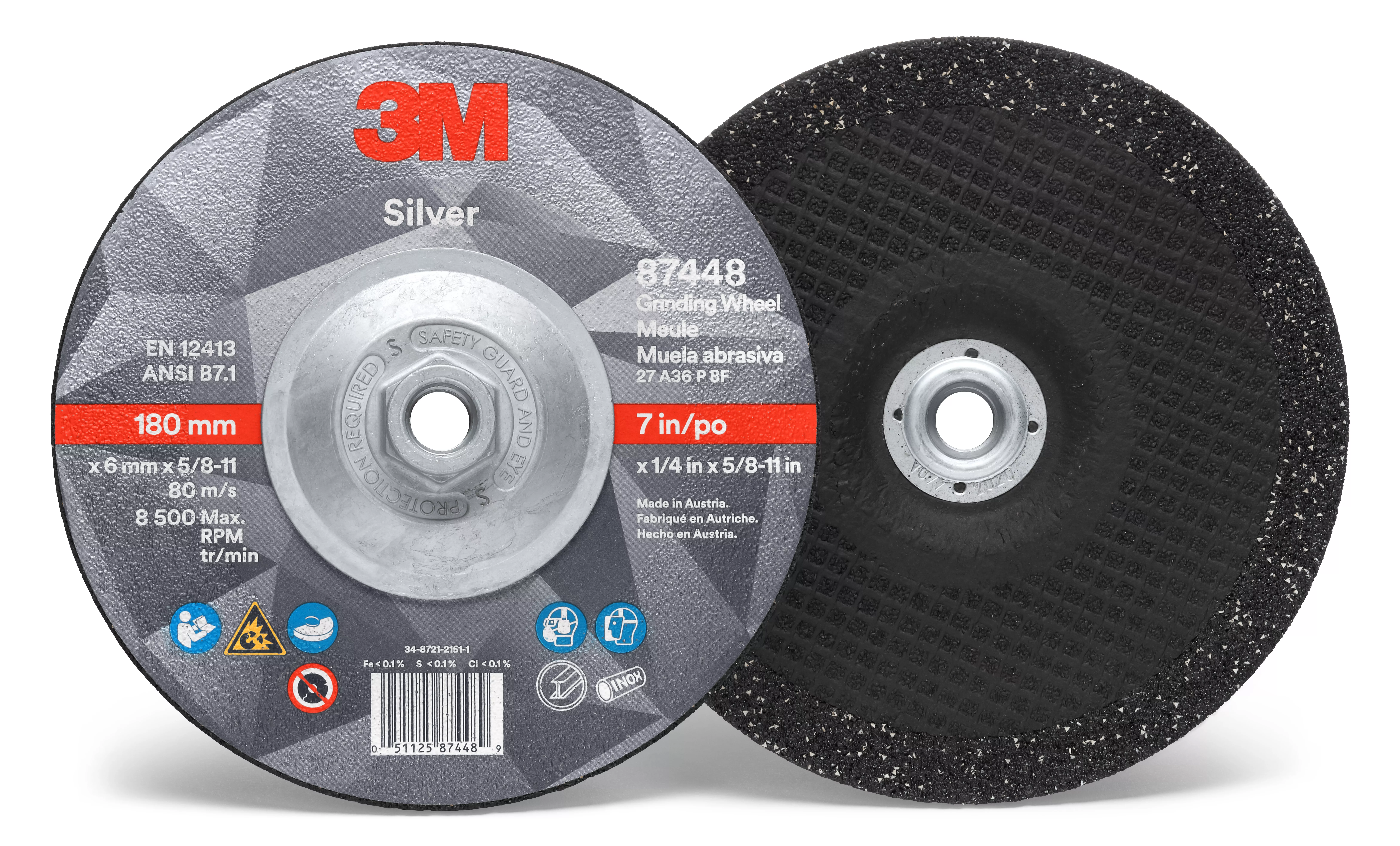 3M™ Silver Depressed Center Grinding Wheel, 87448, T27 Quick Change, 7
in x 1/4 in x 5/8 in-11 in, 10/Carton, 20 ea/Case