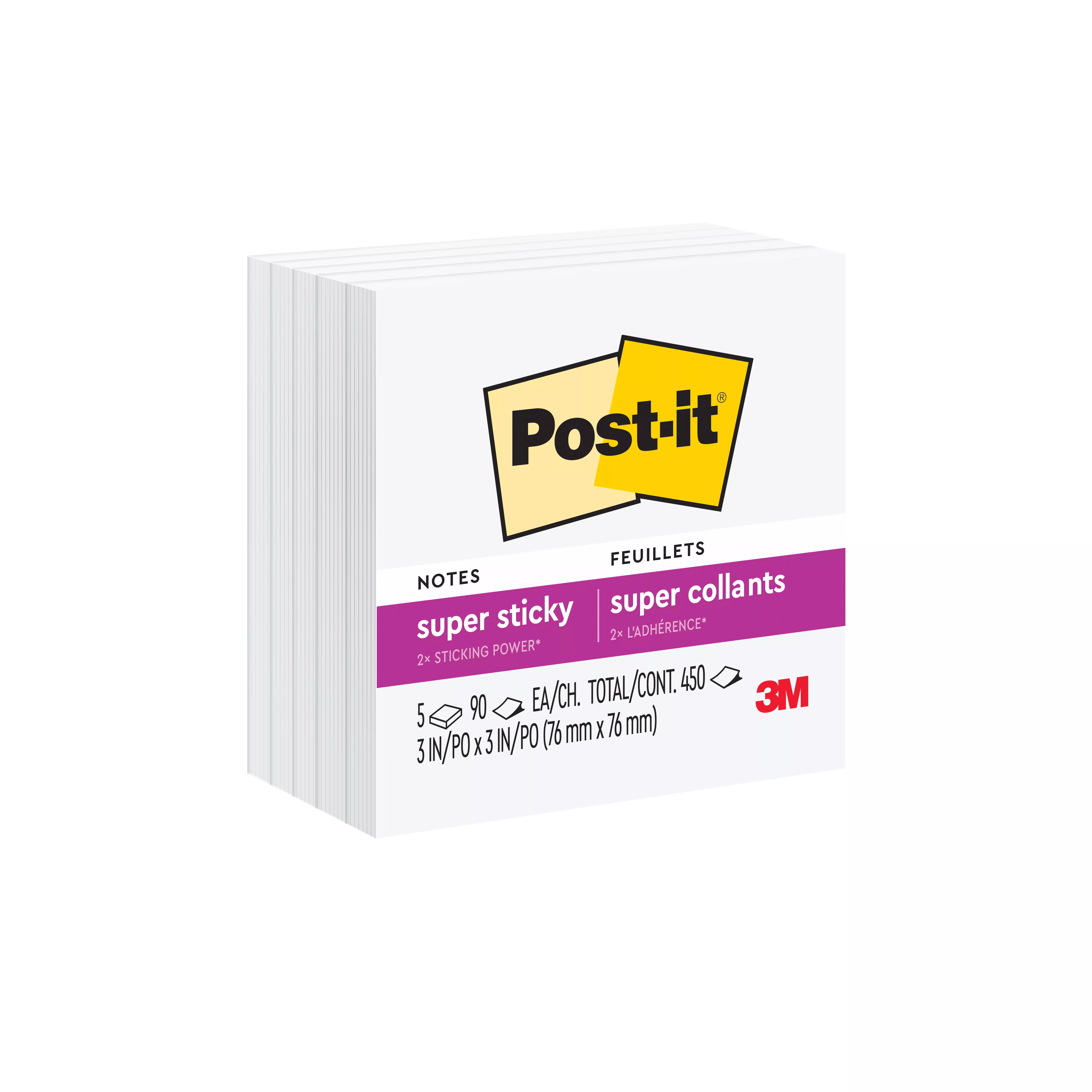 Post-it® Super Sticky Notes 654-5SSW, 3 in x 3 in (76 mm x 76 mm),
White, 5 Pads/Pack, 90 Sheets/Pad
